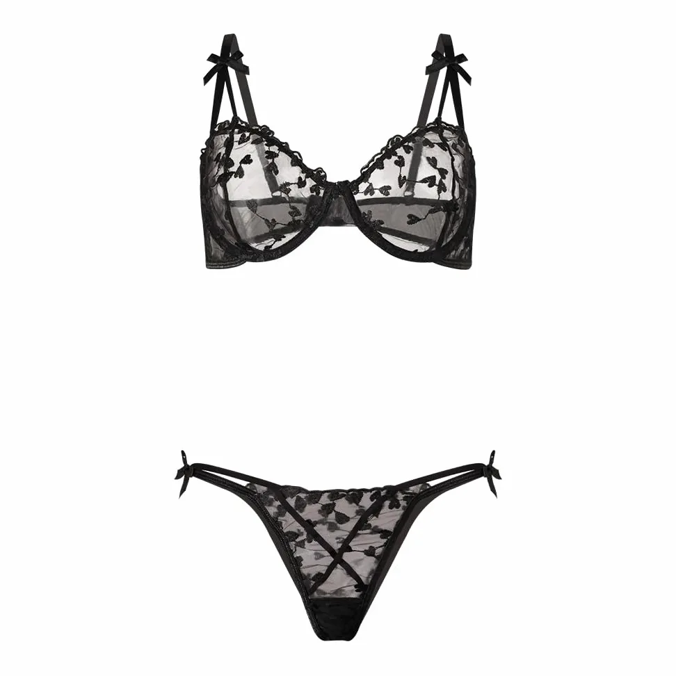Conjunto de lencería Sexy de 2 Piezas para Mujer con Bordado Floral de corazón, Sujetador con Aros de Media Copa y Tanga, Sujetador Transparente de Malla para Mujer, Tanga a Juego, Bragas, Conjuntos
