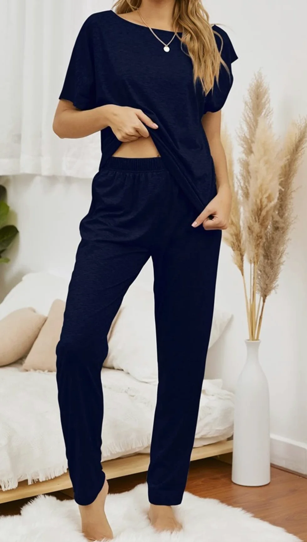 Pijama De Mujer Manga Corta,Pijama De Manga Corta Azul De Gran Tamaño con Cuello Redondo para Mujer, Conjunto De 2 Piezas, Pijama Suave Y Cómodo para Mujer, Ropa De Salón, Regalo del Día De La M