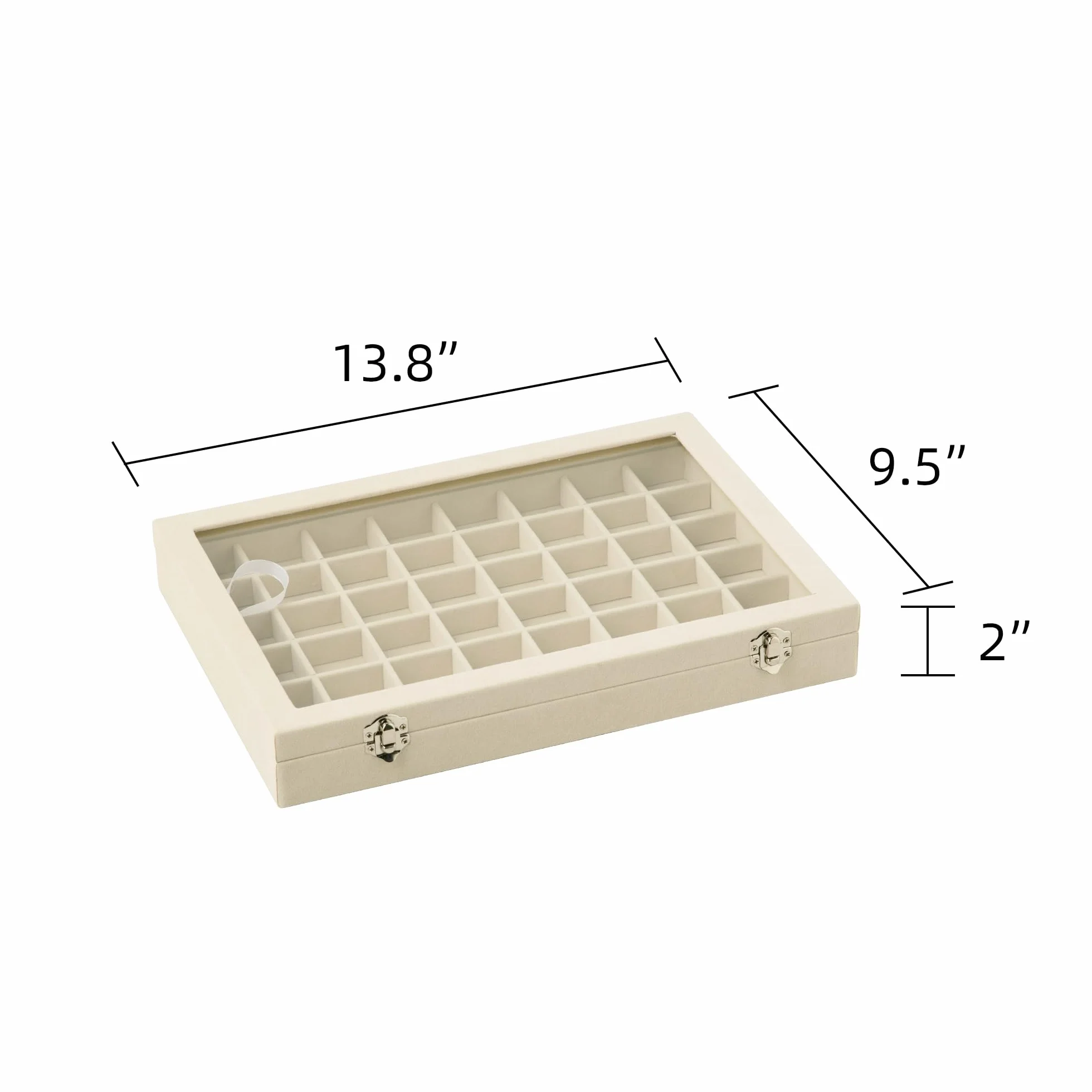 Frebeauty Bandeja para joyas con 48 compartimentos, soporte ajustable para pendientes con tapa de cristal, cajón de terciopelo, organizador de joyas para anillos (Beige)
