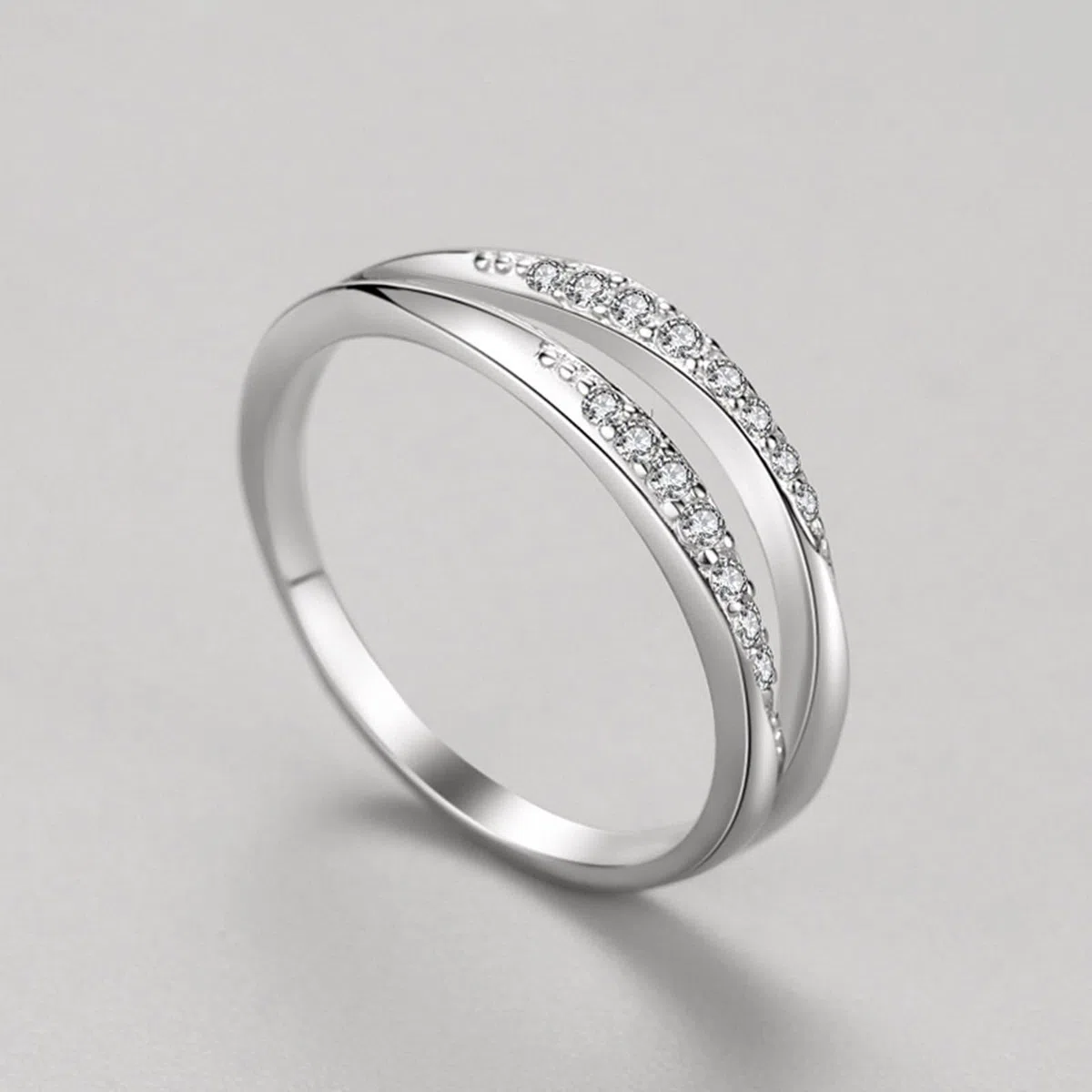 Anillos para mujer dedo medio, anillos mujer delicado diseño de doble capa con moissanite redondo de 18 quilates oro blanco talla 60 (19.1)