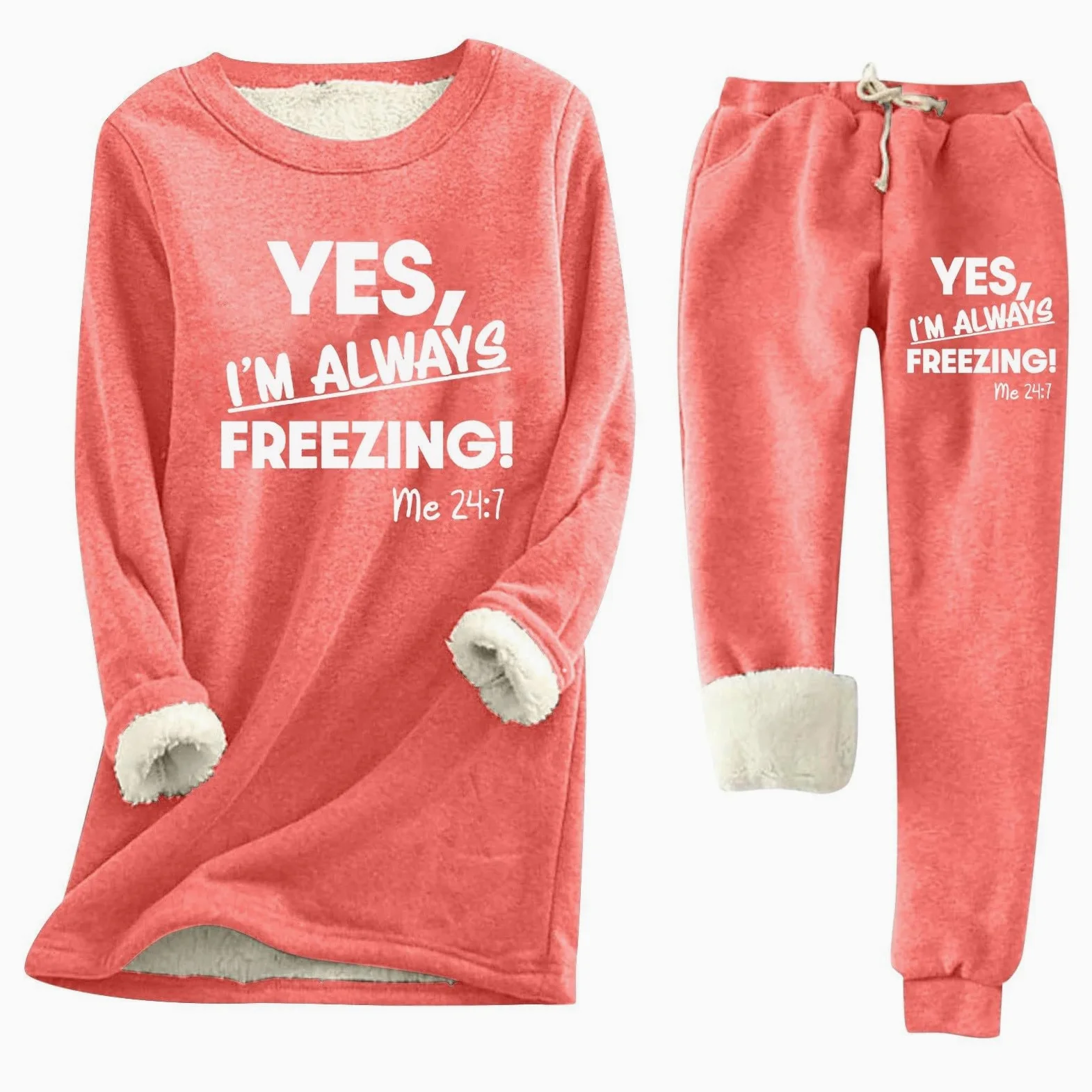 Generisch Juego de ropa interior térmica para mujer, con forro polar, estampado de letras, para invierno, cuello redondo, parte superior para correr, 2 piezas, chándales cálidos