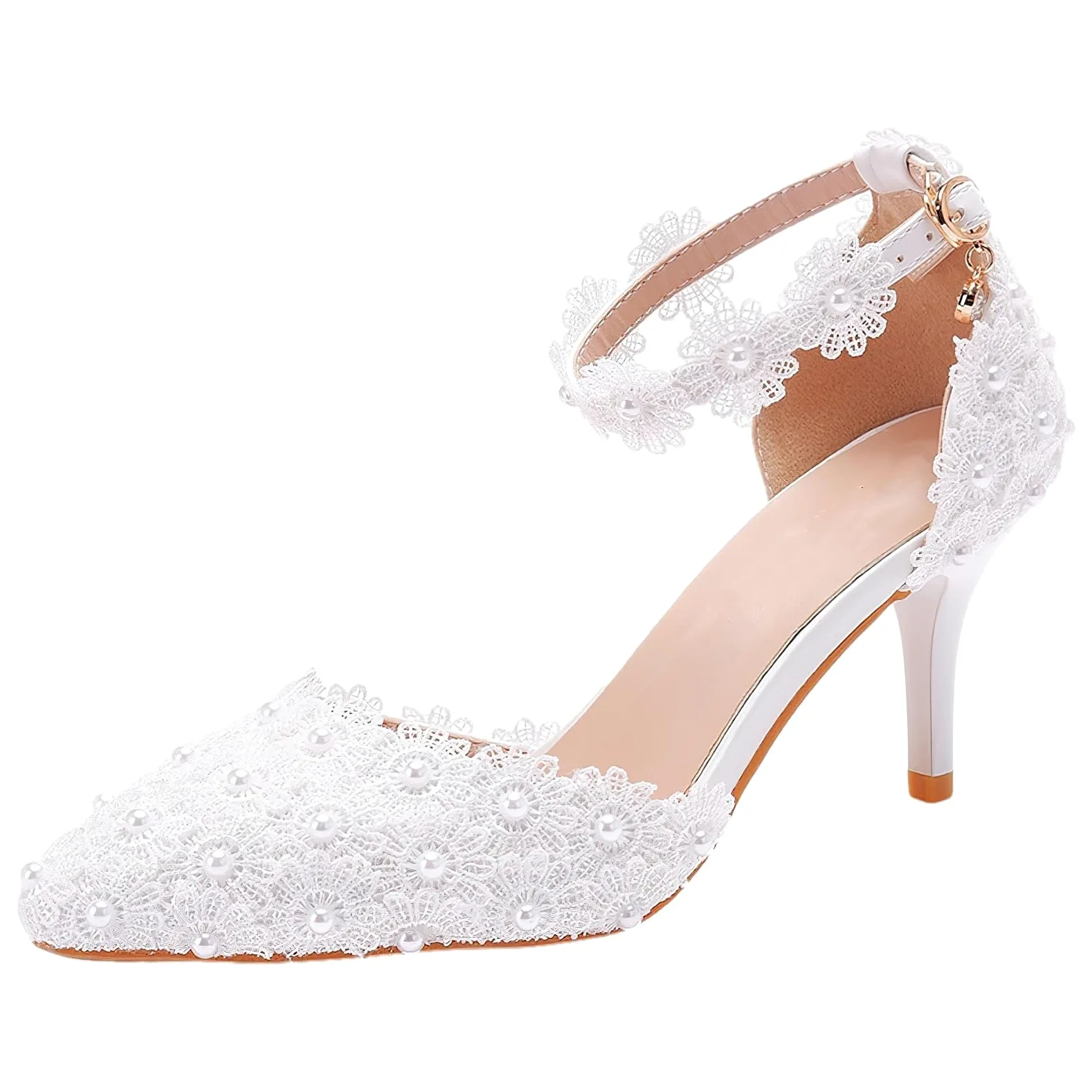 Mujer Encaje Perlas Zapatos Stilettos de Novia | Punta Puntiaguda, con Correa al Tobillo, Elegante & Delicado, para Boda, Baile de Fin de Curso y Cóctele
