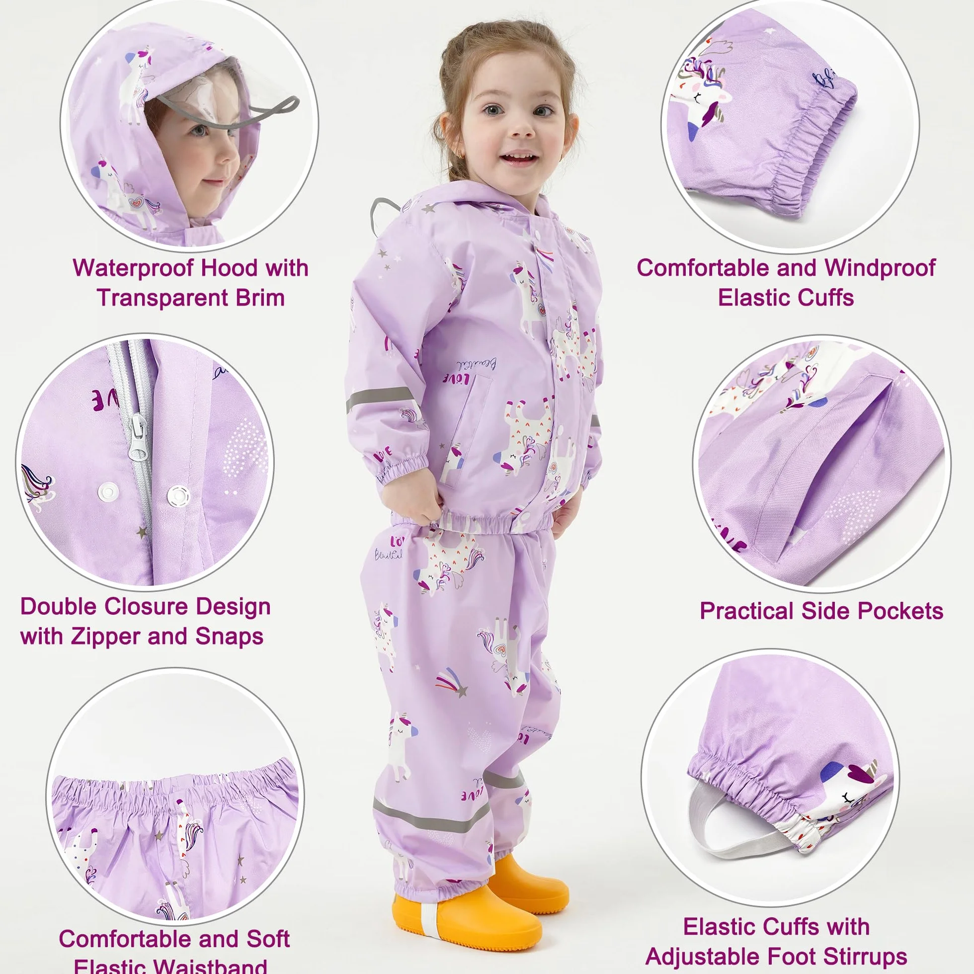 Impermeable Chubasquero Niñas - Abrigos Impermeables & Pantalones Conjunto de 2 Piezas, Niñas Chaqueta de Lluvia con Capucha Pantalones Impermeables Reutilizable Traje Impermeable para 1-7 Años
