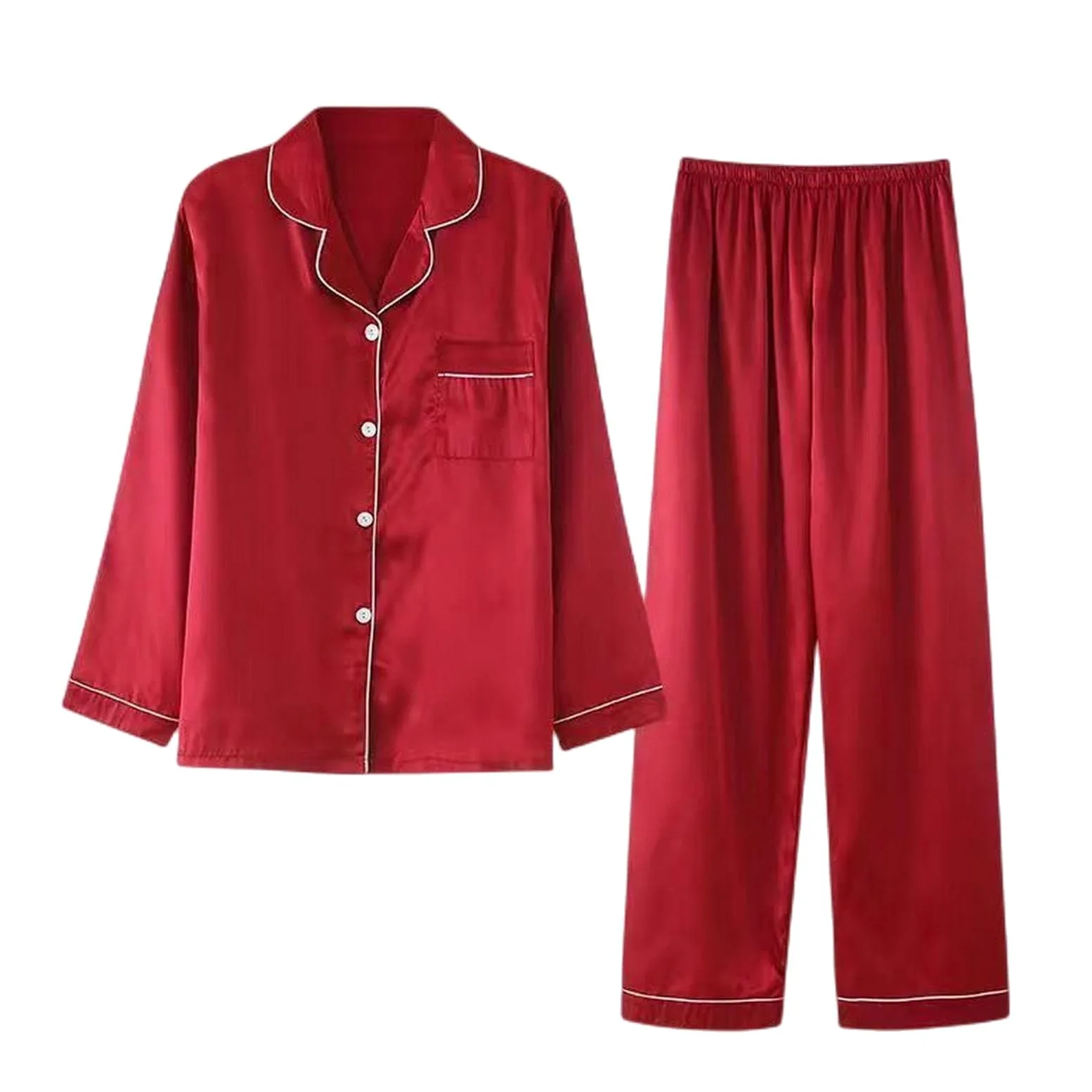 MOGSA Pijama de seda para mujer, para primavera y verano, pantalones de manga larga, traje de satén de seda de hielo, talla grande