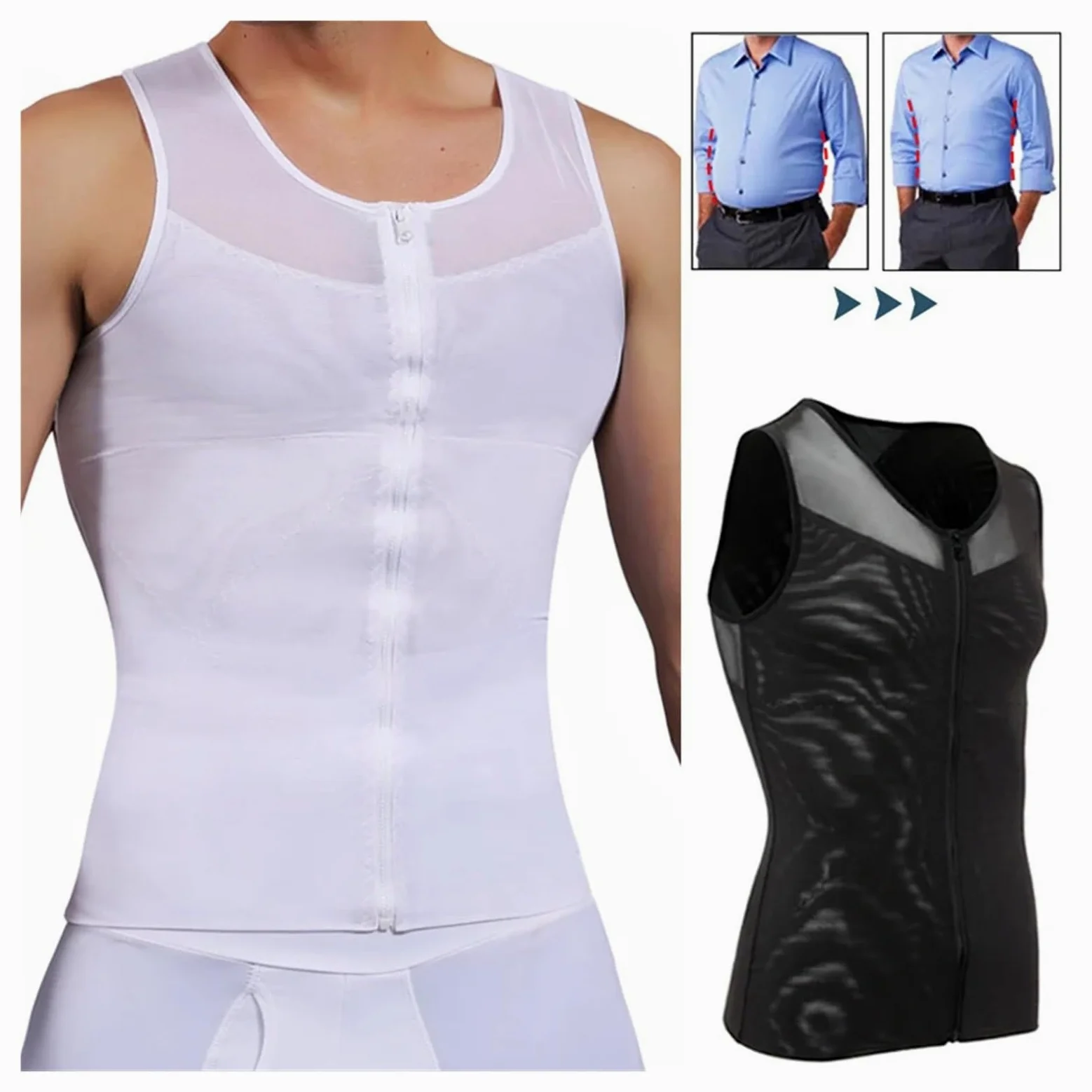 Camiseta Faja Hombre Moldeador de Cuerpo de Hombres for Adelgazar el Abdomen, corsé Moldeador de Vientre, Camisas de compresión de ginecomastia con Cremallera, Entrenador de Cintura
