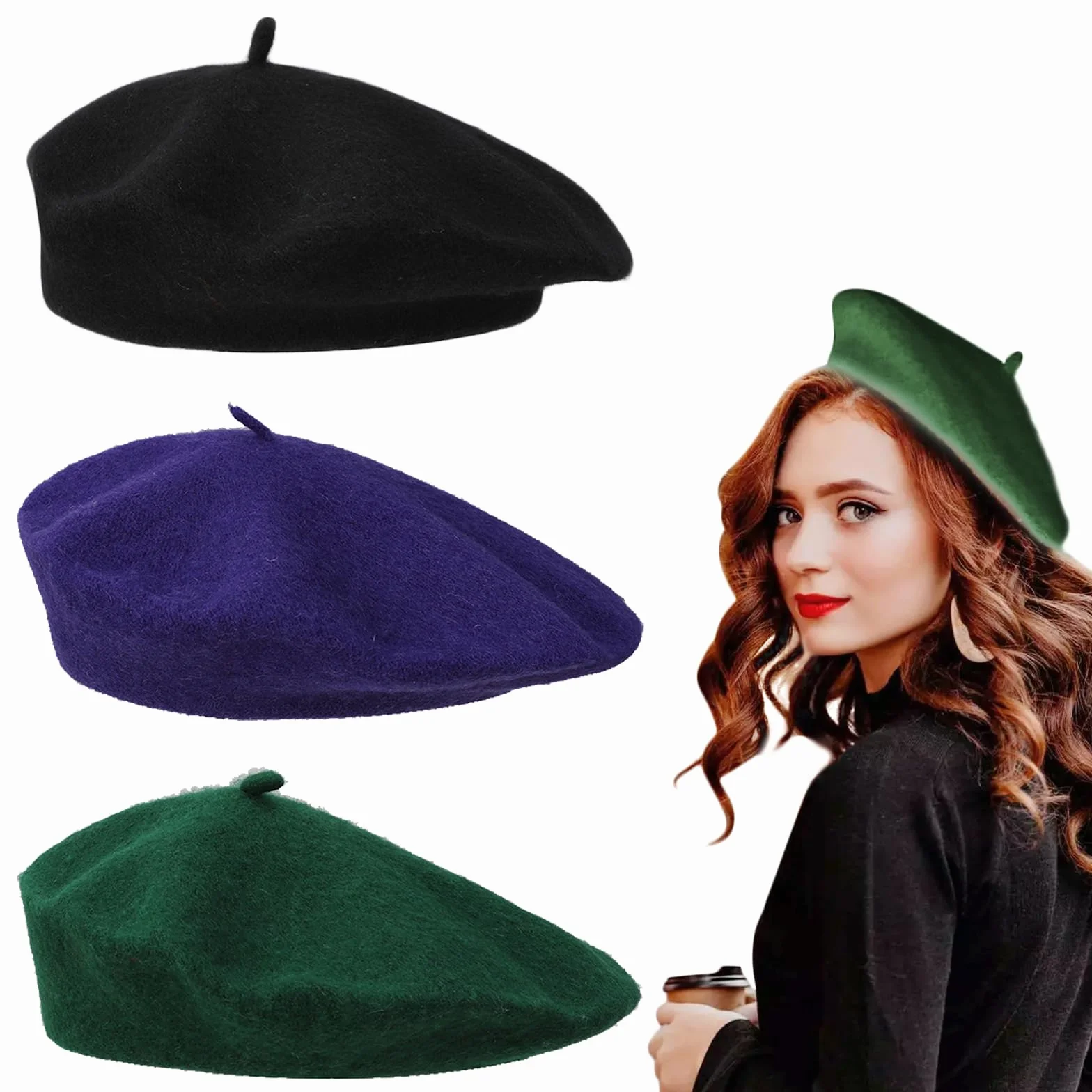 JSTHHTT 3 Piezas Boina Clásica Francesa, Beret de Lana para Mujer y Niña, Sombrero de Pintor Elegante y Vintage para Invierno