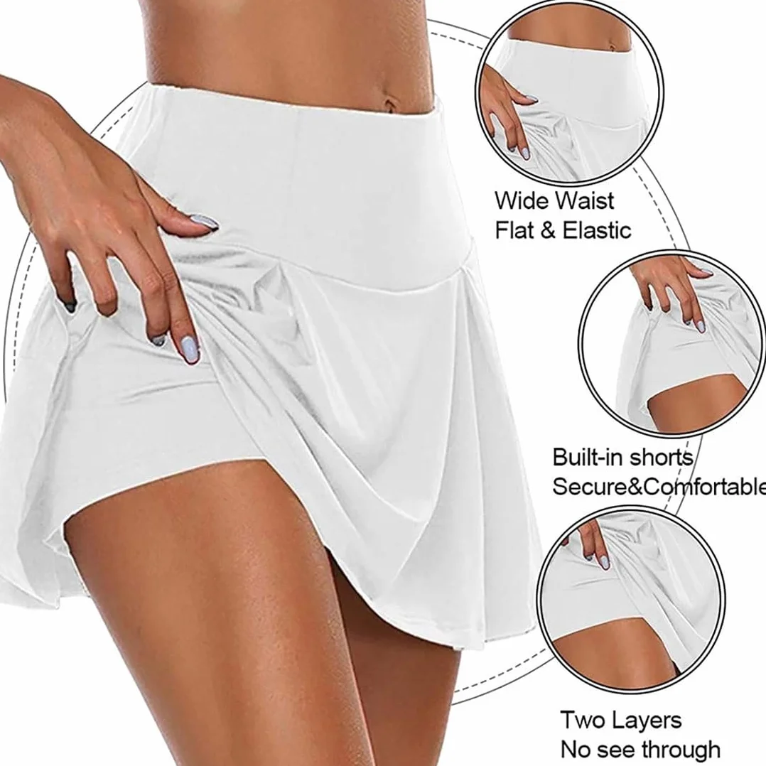 Falda Deportiva de Tenis con Pantalón Corto, Falda Corta Elástica de Running, Falda de Golf para Mujer, Blanco, M