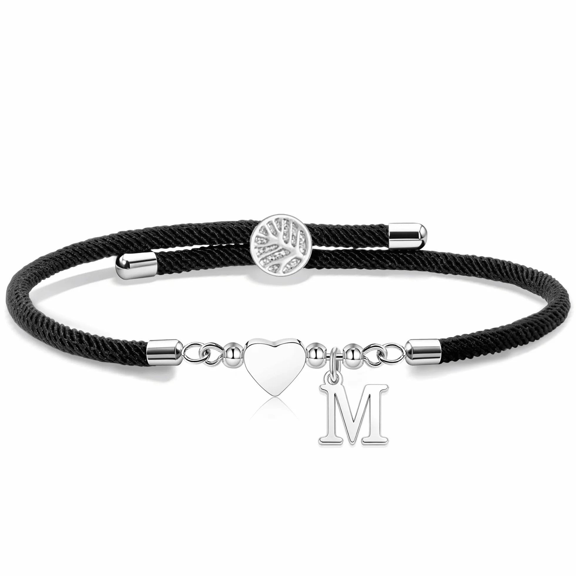 Pulsera de Cuerda Trenzada Hecha a Mano con Corazón de Plata Ajustable 26 Iniciales A-Z