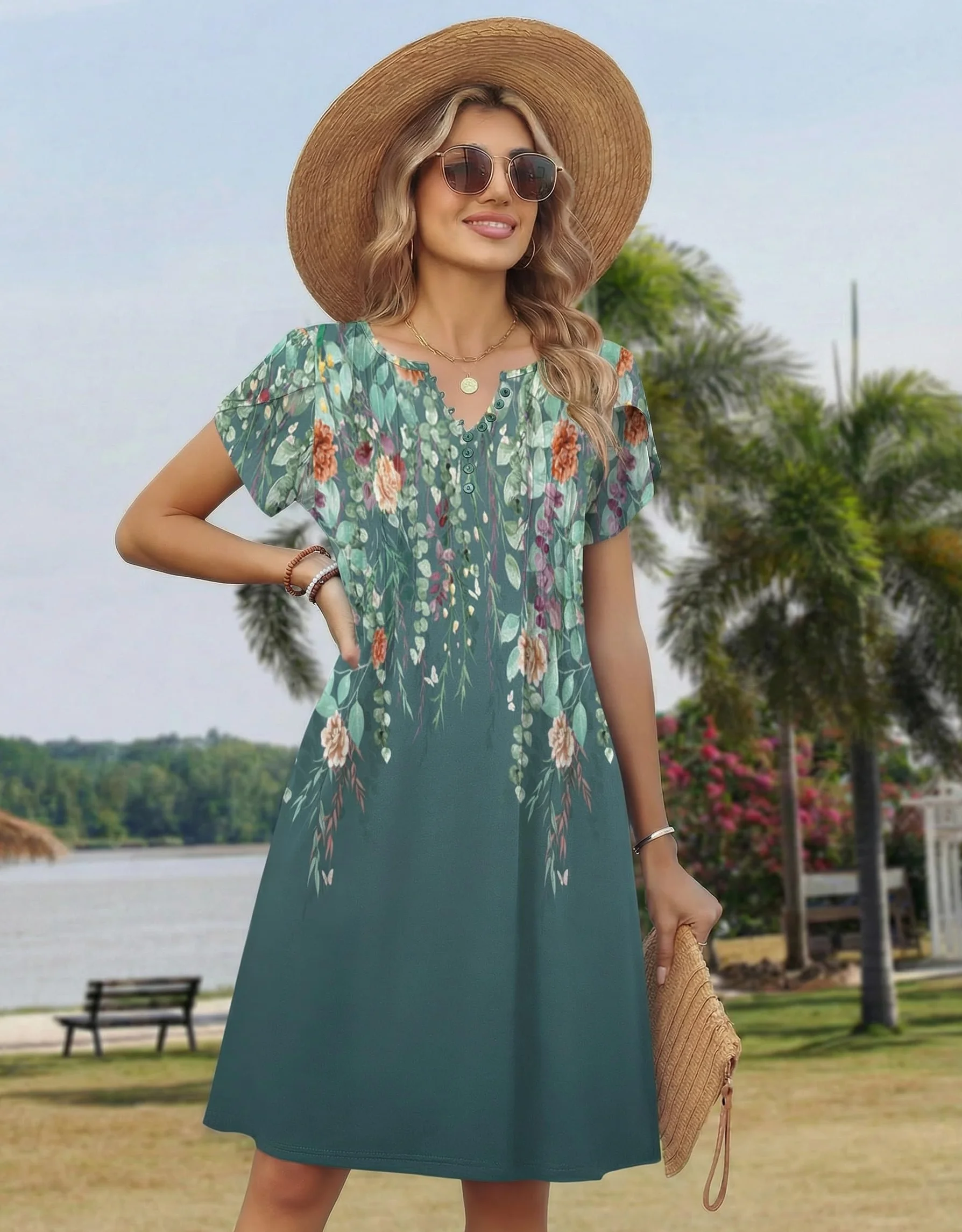 Zeagoo Vestidos Verano Mujer Manga Corta Escote en V Túnica Flores Midi Casual S-XXL