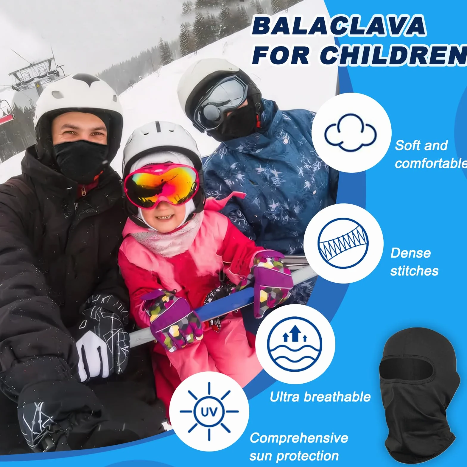 Máscara de Pasamontañas para Niños, Balaclava Protector, Bufanda de Verano Anti Viento Transpirable Protector UV, Talla Única (Negro)