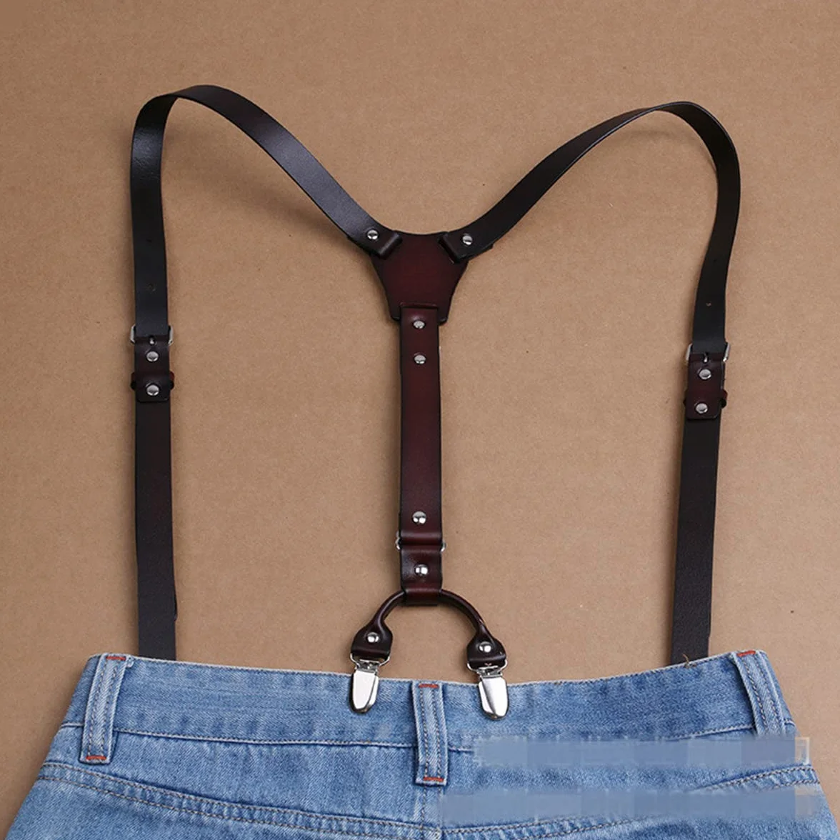 Tirantes de Cuero para Hombre, diseño en Forma de Y, Tirantes Ajustables con 4 Clips de Metal, para Padrinos de Boda, Tirantes Resistentes para Pantalones