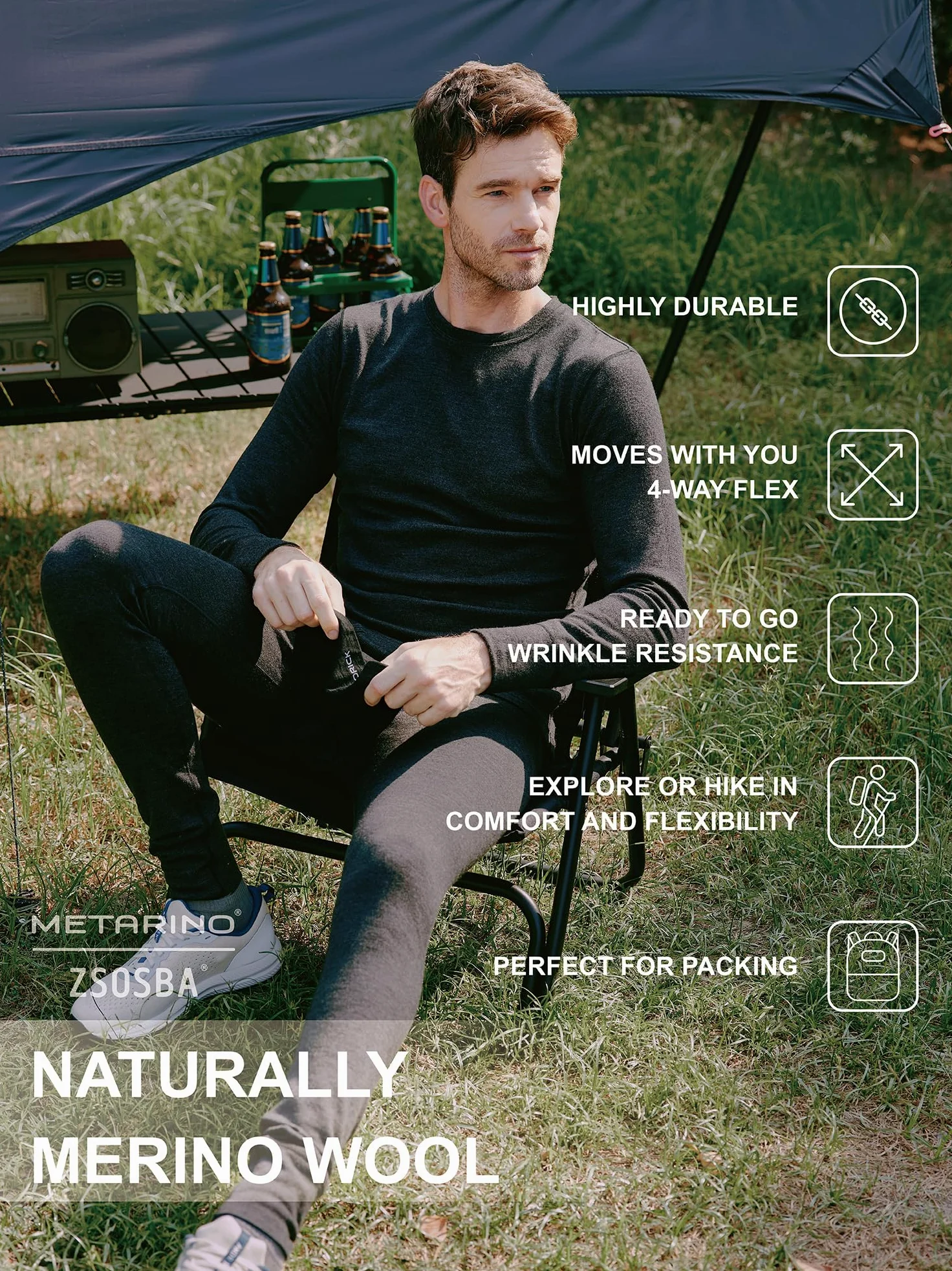 METARINO - Camiseta térmica de manga larga para hombre, 100 % lana merino, para senderismo, viajes, esquí