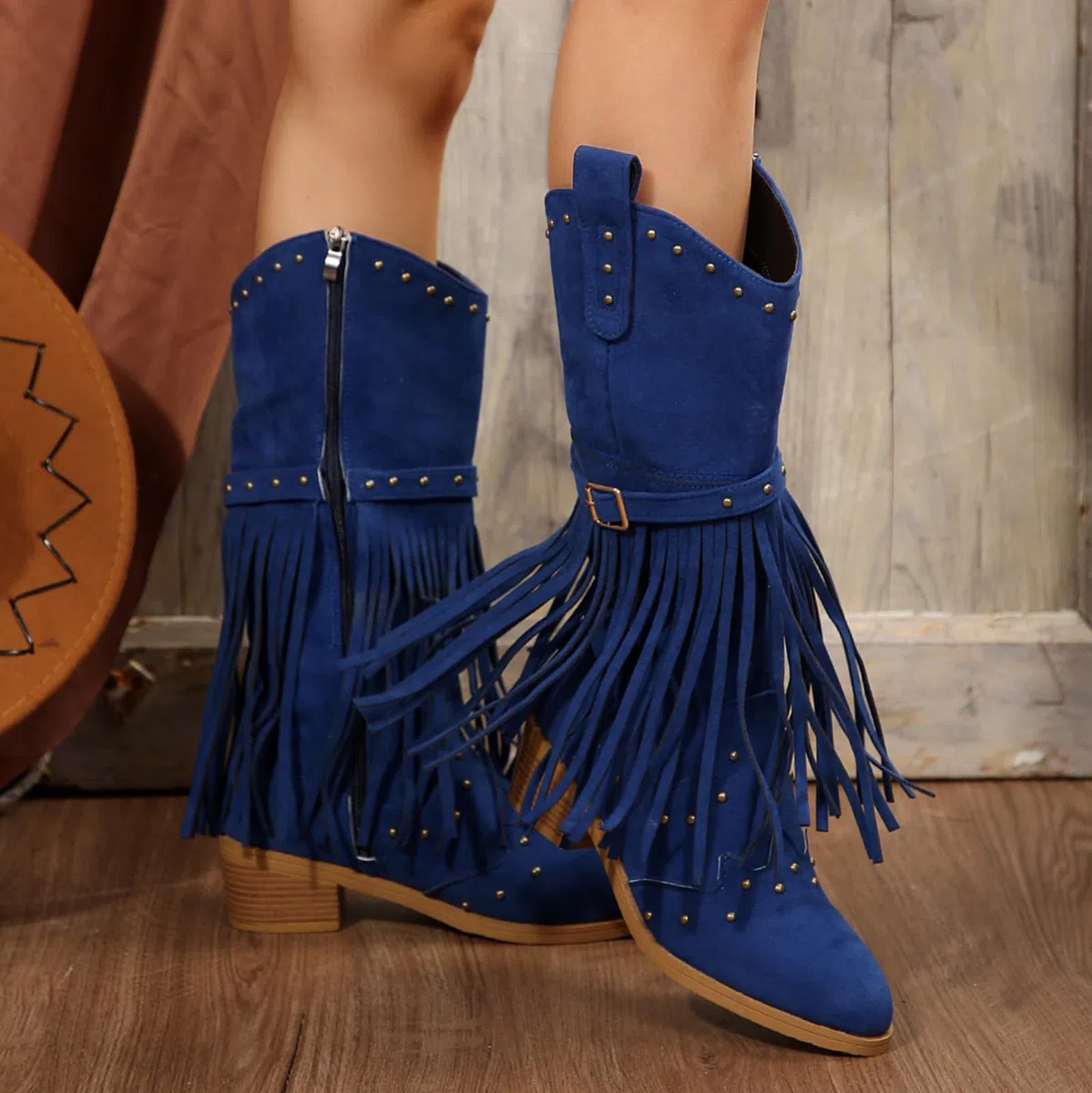 Botines de cuña para mujer, botines de vaquero para otoño, punta puntiaguda