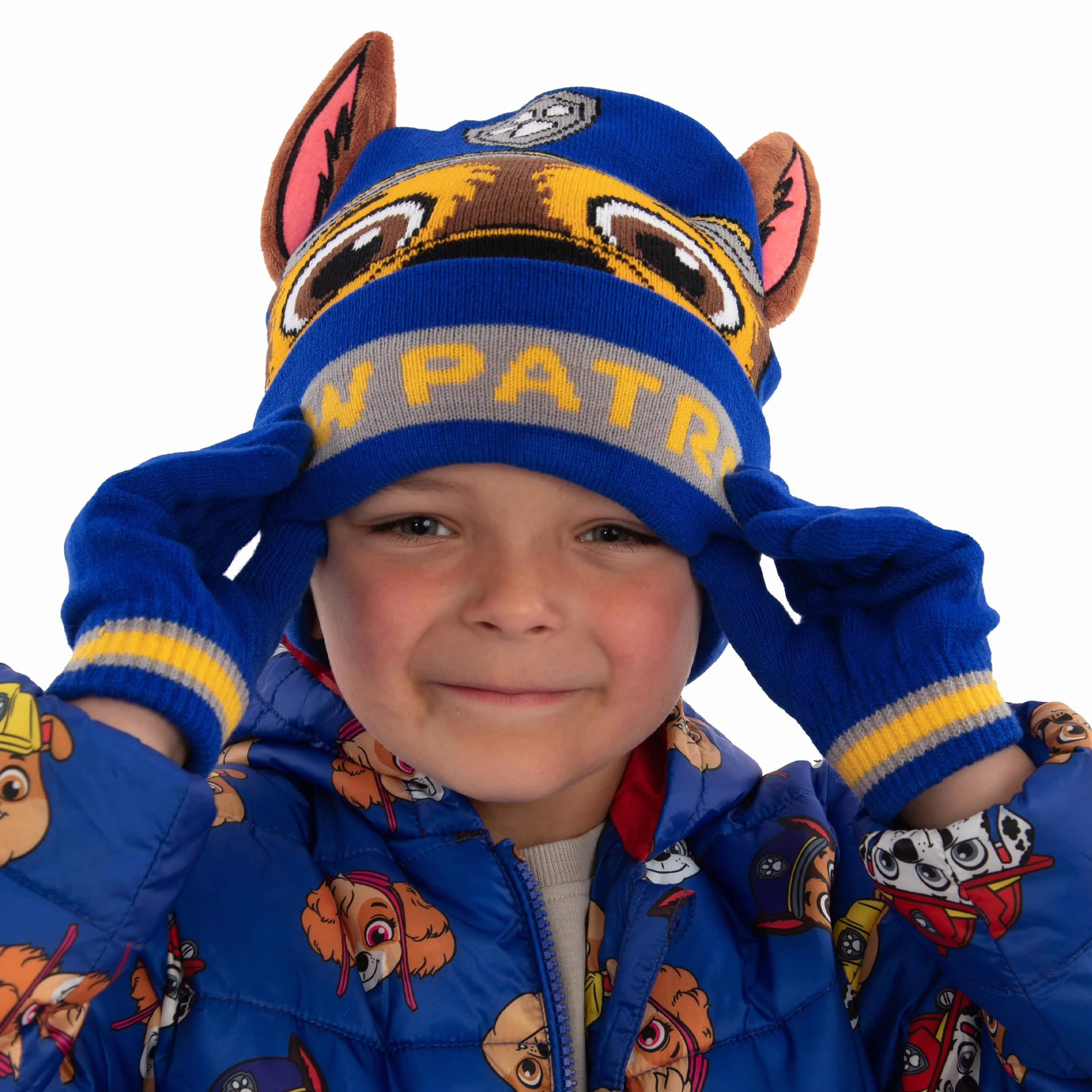 Paw Patrol Conjunto De Gorro Y Guantes Para Niños, Conjunto De Gorro Y Guantes Chase Con Orejas 3D, Azul, Talla Única