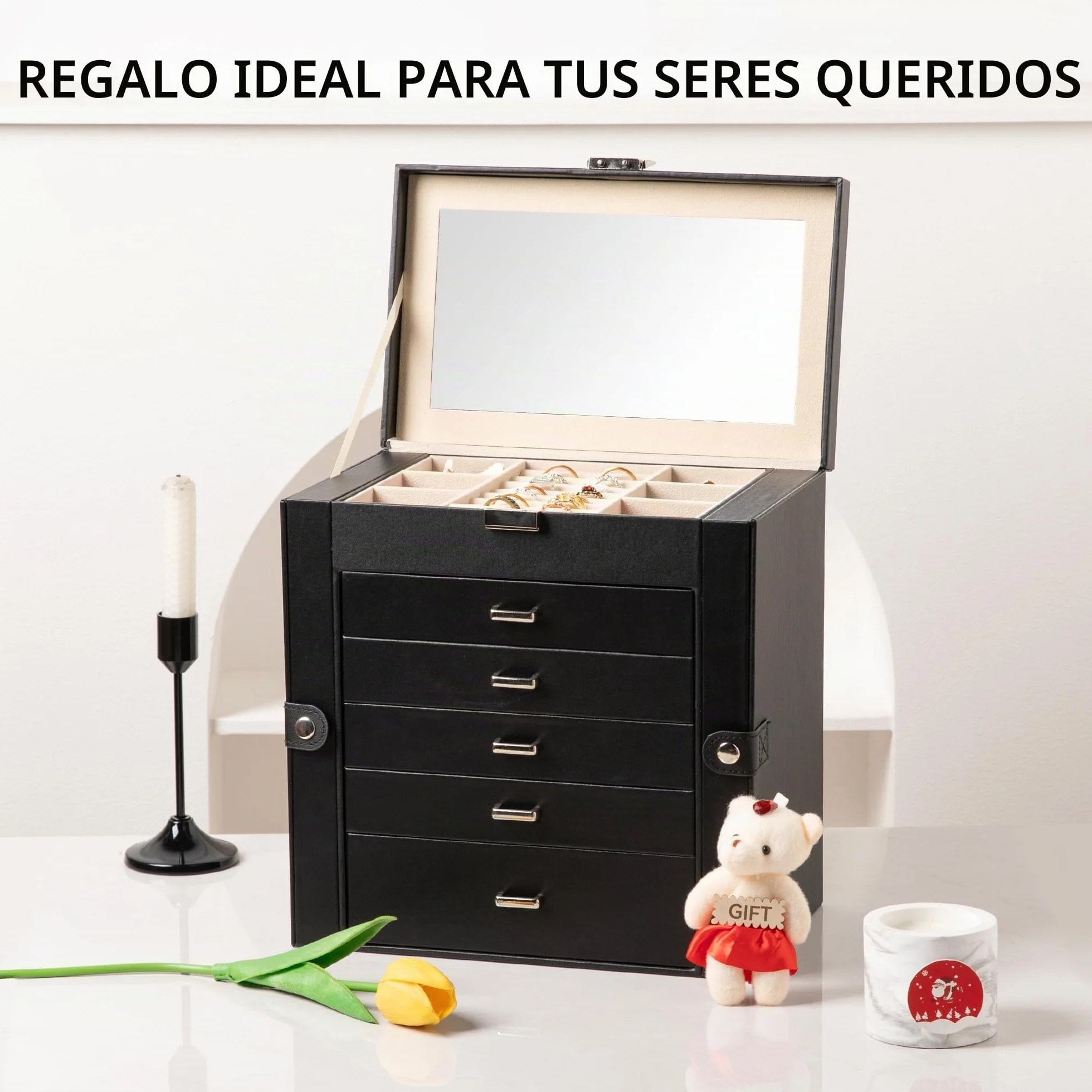 Frebeauty Caja de joyería grande 6 niveles cuero sintético con cerradura espejo organizador joyas Negro