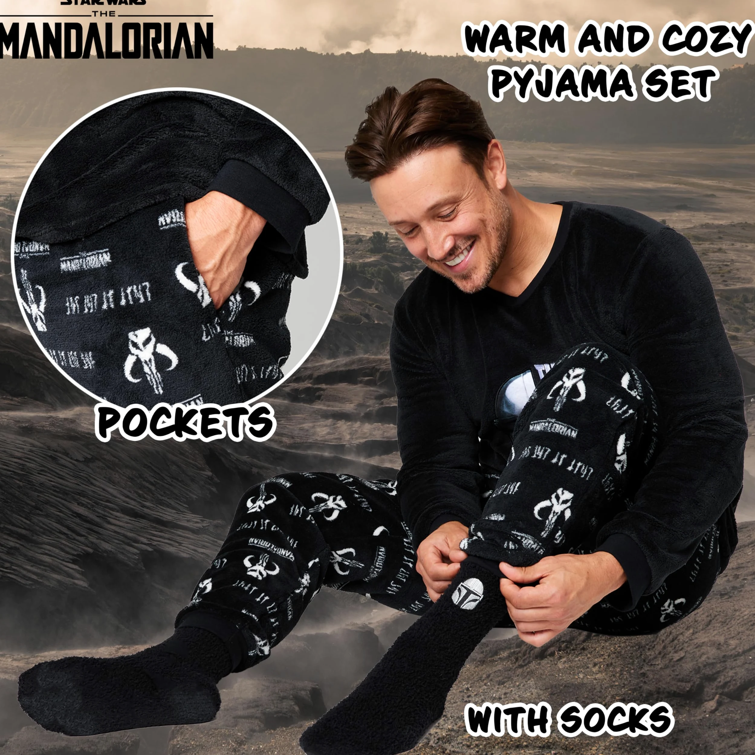 Disney The Mandalorian Pijama Hombre - Conjunto Pijama Hombre Invierno de Polar y Calcetines Suaves de Casa Tallas M-2XL