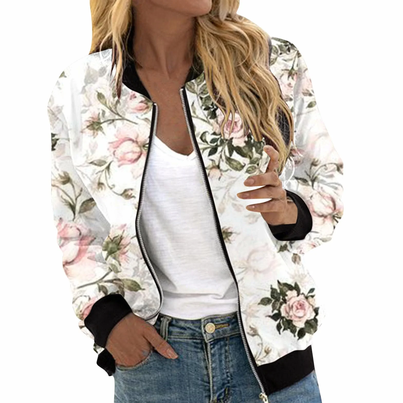 Chaqueta bomber para mujer, chaqueta de primavera con estampado de flores, chaqueta ligera de verano, cremallera corta, chaqueta piloto, chaqueta blusón, manga larga delgada, chaqueta de entretiempo