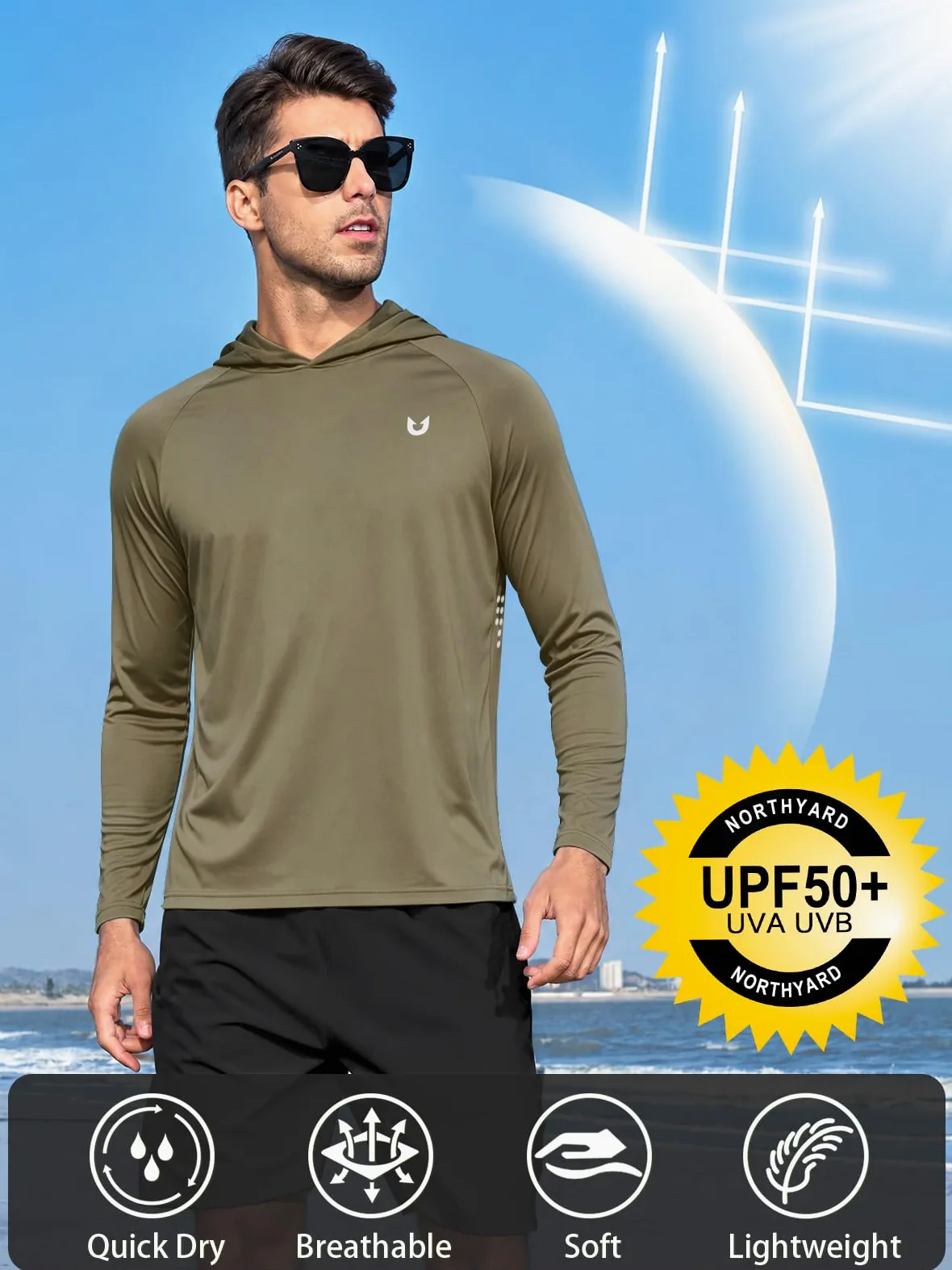 NORTHYARD Sudadera con capucha UPF 50+ para hombre, manga larga, protección solar, pesca, natación, playa, protección UV, SPF de secado rápido, ligera