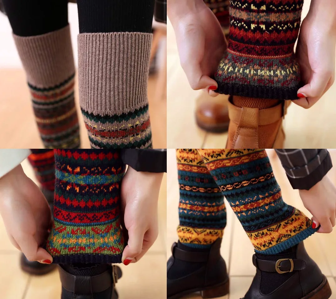 Durio Calentadores largos de invierno para mujer, calentadores de piernas de punto gruesos, calentadores de piernas bohemios, Negro caqui y azul marino, Talla única