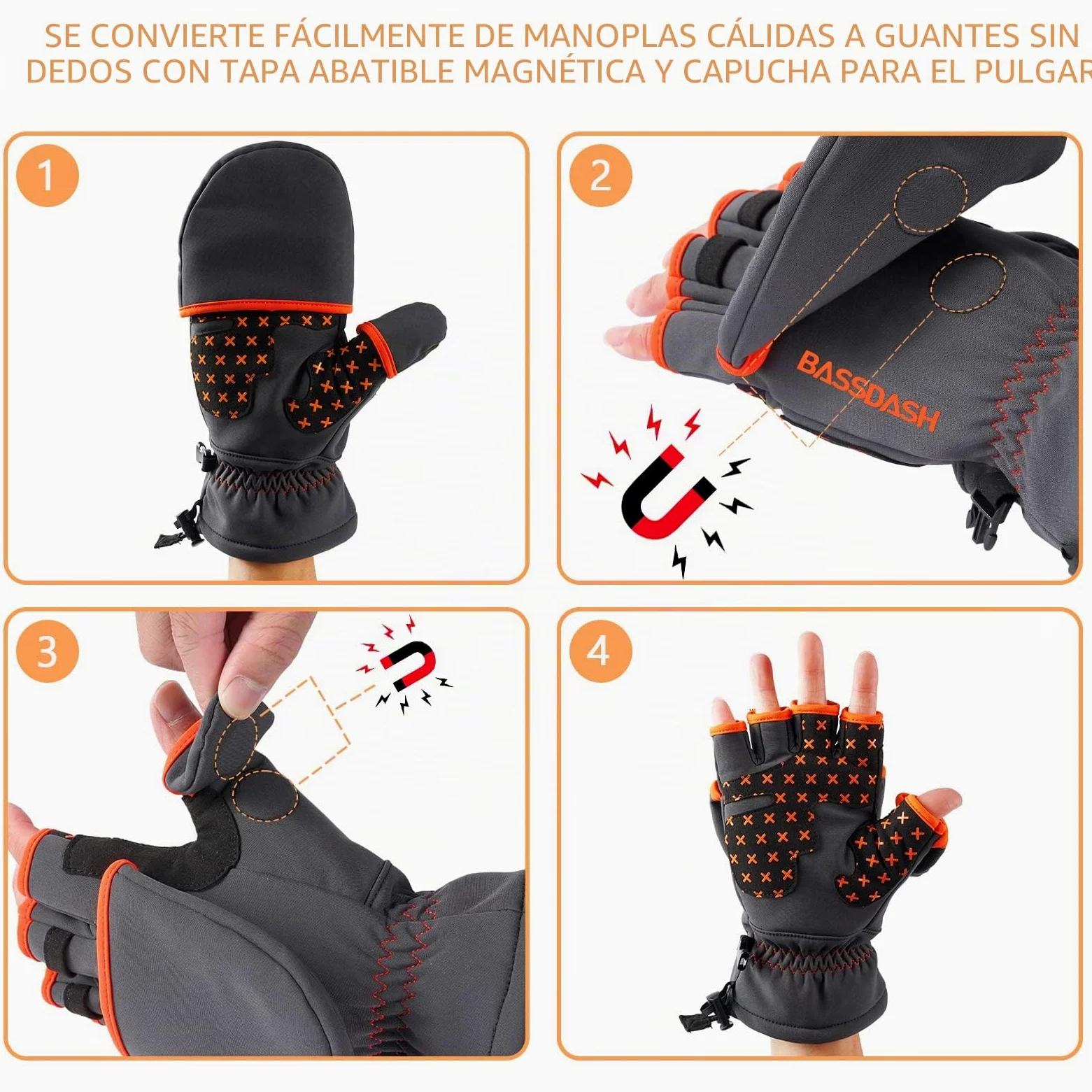 Bassdash WinteFlex Guantes de Invierno Manoplas Convertibles para Pesca en Hielo para Clima frío sin Dedos Resistentes al Agua para Hombres Mujeres Caza fotografía Senderismo