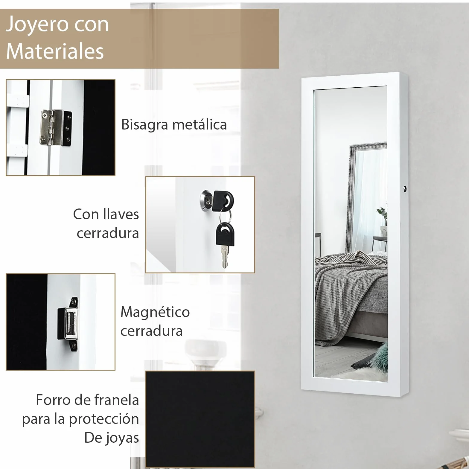 GOPLUS Armario Joyero, Espejo Joyero de Pared, con Luces LED y Cierre, llaves, Almacenamiento para Pendiente Collar, Organizador de Maquillaje con Espejo y 2 Cajones (Blanco, 108 x 37 x 9,5 cm)