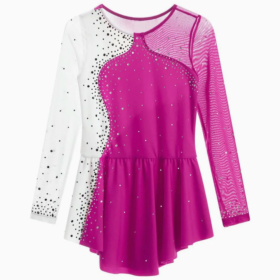 QXDZSW - Vestido de patinaje artístico para niñas, manga larga, con diamantes de imitación, vestido de gimnasia, leotardo, ballet, danza, actuación