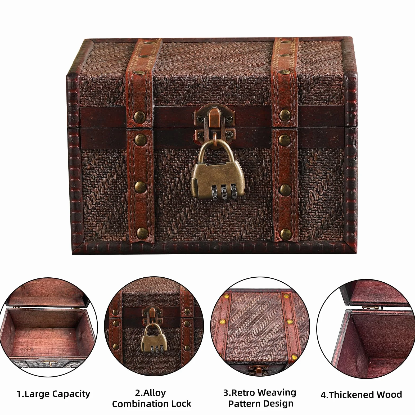 Cofre del Tesoro de Madera Vintage con Cerradura de Combinación, Cofre del Tesoro Pirata Niños con Candado, Pequeño Caja de Madera para Collares, Pendientes, Anillos, Pulseras
