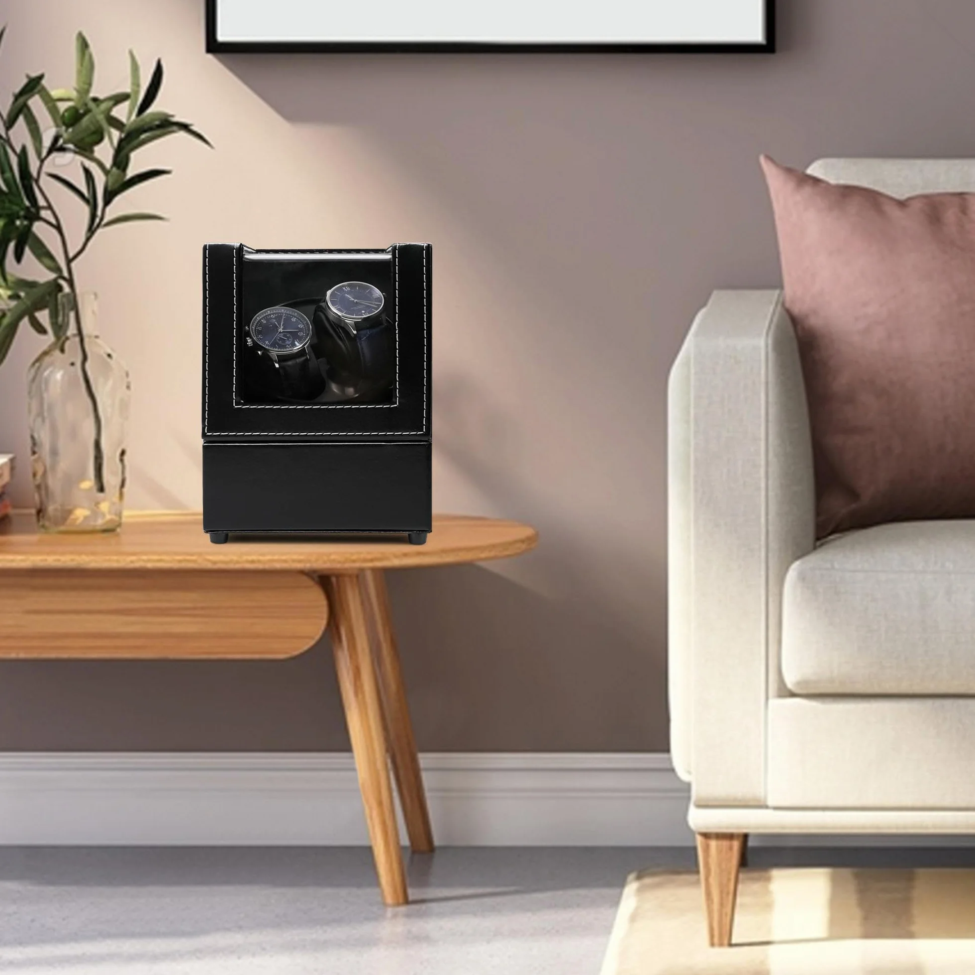 Caja giratoria para 2 relojes automáticos USB, piel sintética, motor silencioso, negro