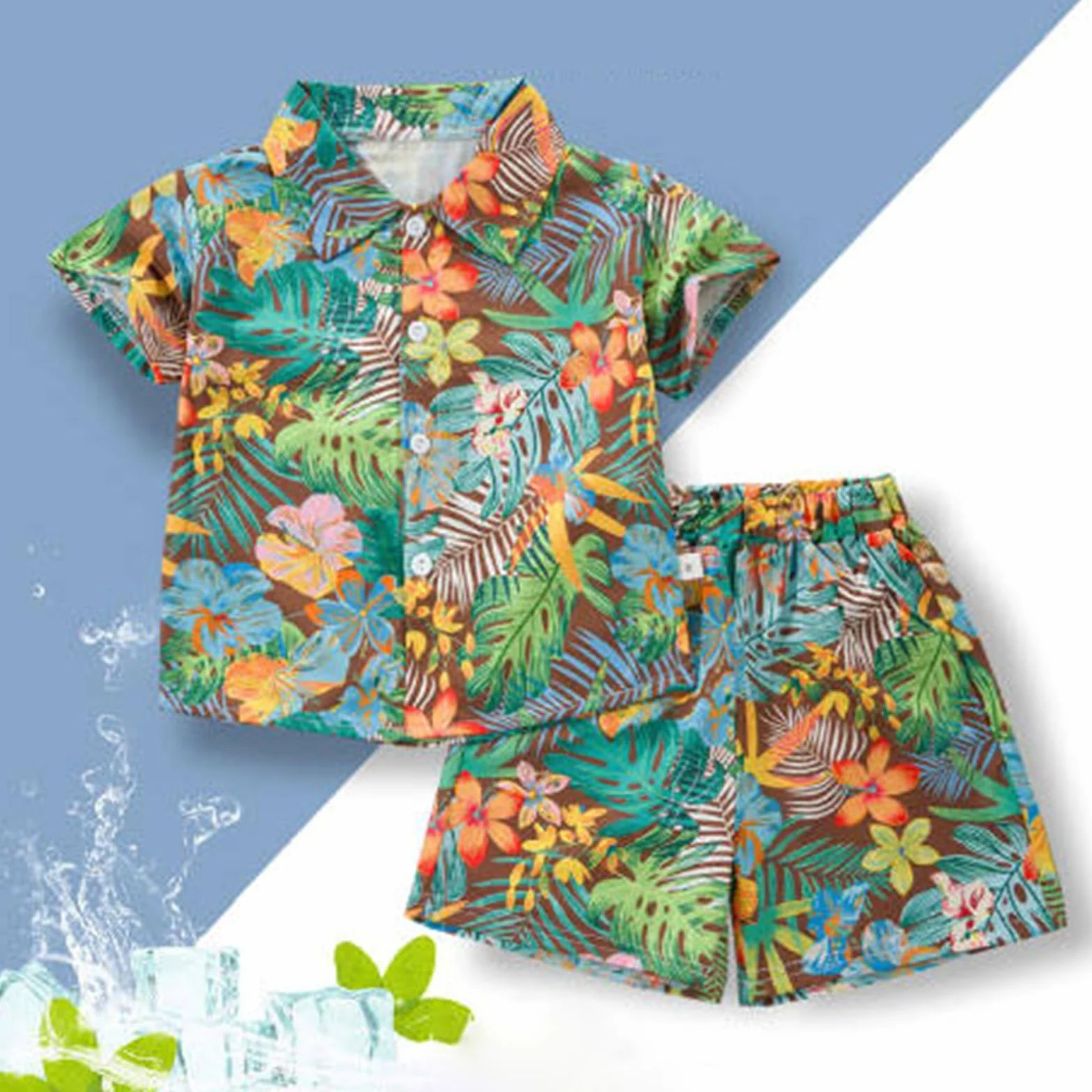 Niño Camisa Hawaiana y Pantalones Cortos Conjunto Coco Árbol Imprimir Verano Trajes de manga corta niños Botón Abajo Camisas 2026