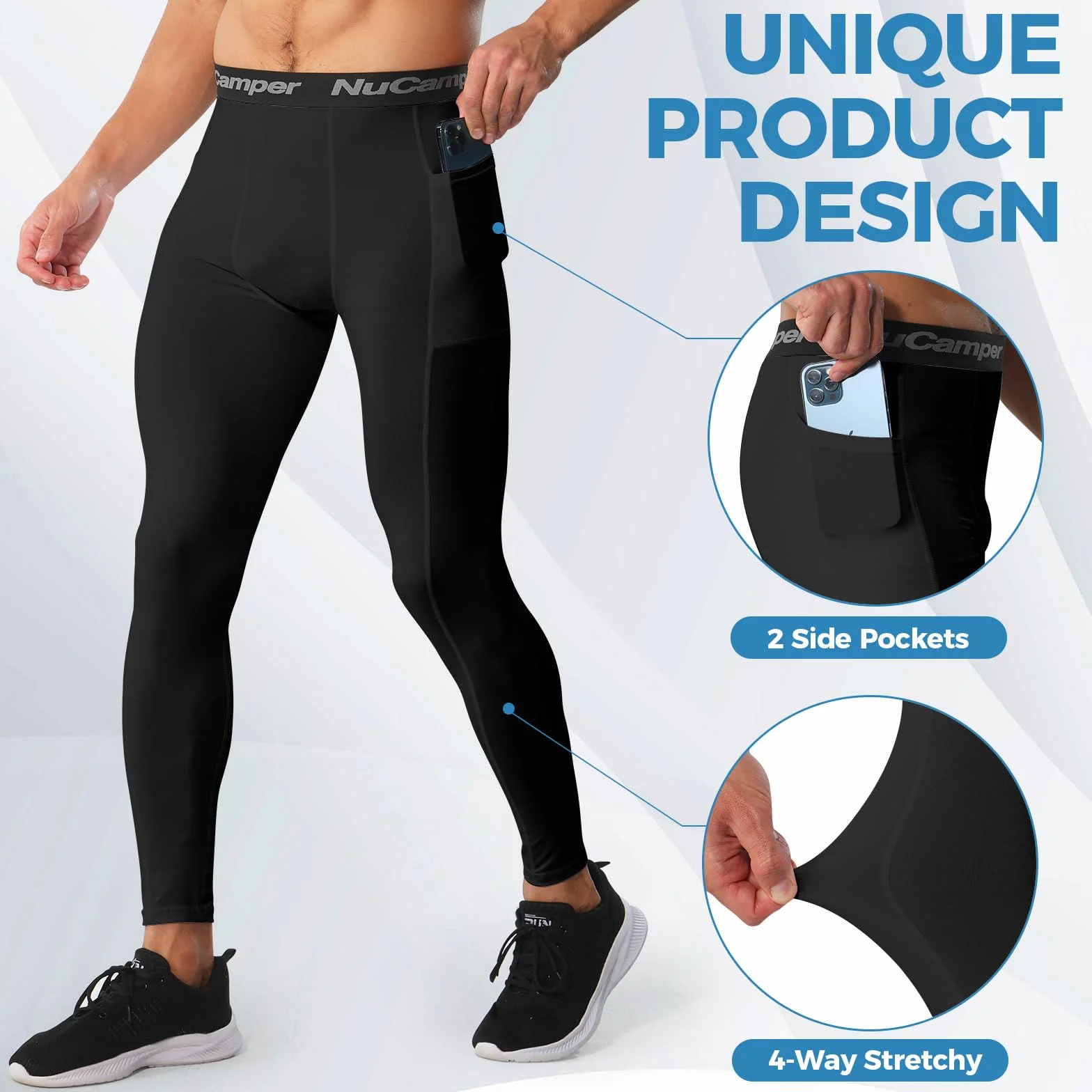 NuCamper Pantalones de Compresión para Hombre con Bolsillo Mallas Deportivos Secado Rápido Leggings Baselayer Tights para Correr Entrenamiento