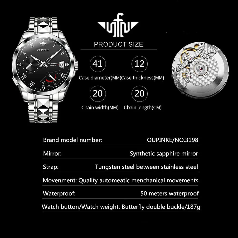 OUPINKE Relojes automáticos para hombres impermeables de cuerda automática relojes para hombres de moda mecánicos automáticos relojes, Negro,