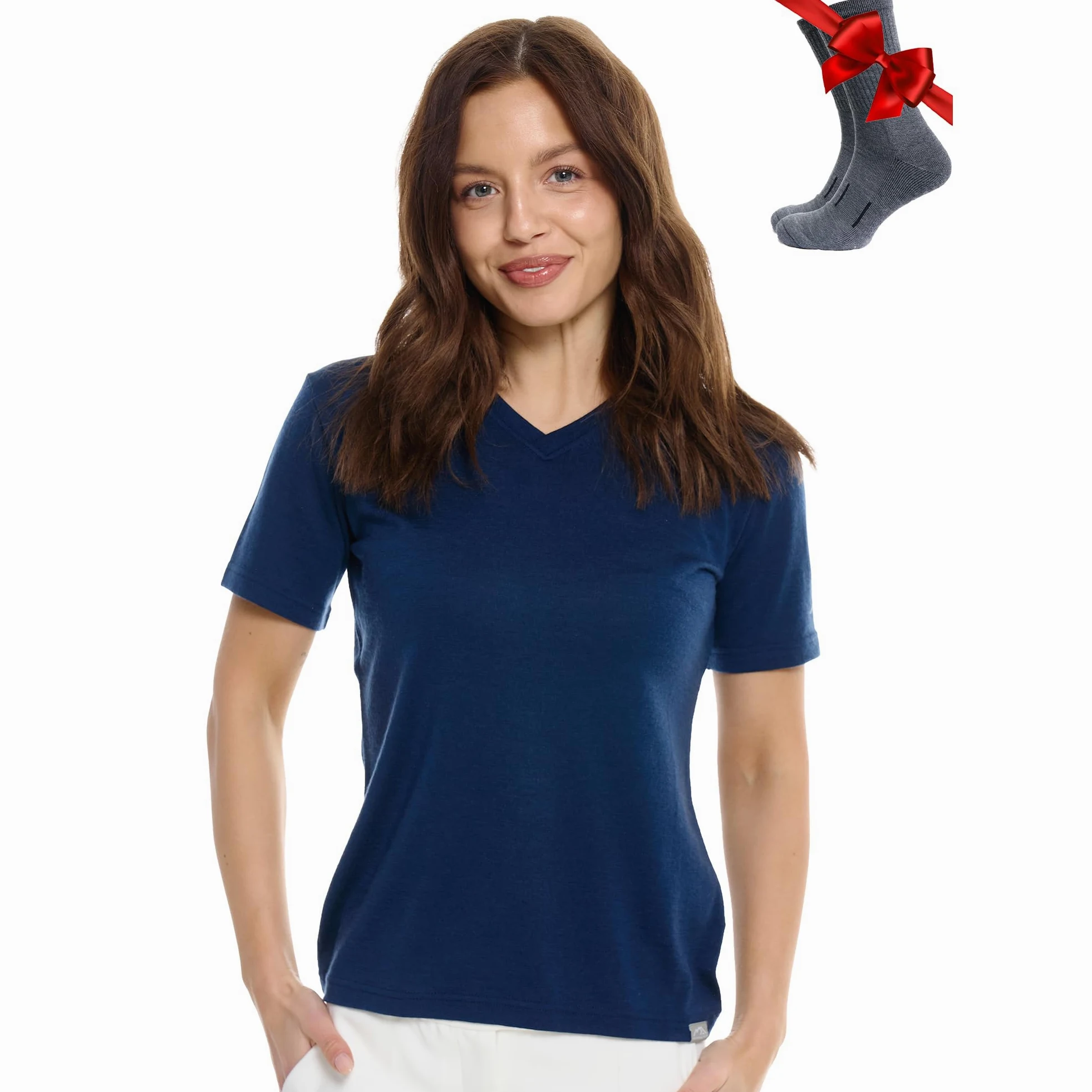 Merino.tech Camiseta Lana Merino Mujer — 100% Merino Lana Camiseta Interior Mujer con Calcetines (X-Large, Navy V-Neck)