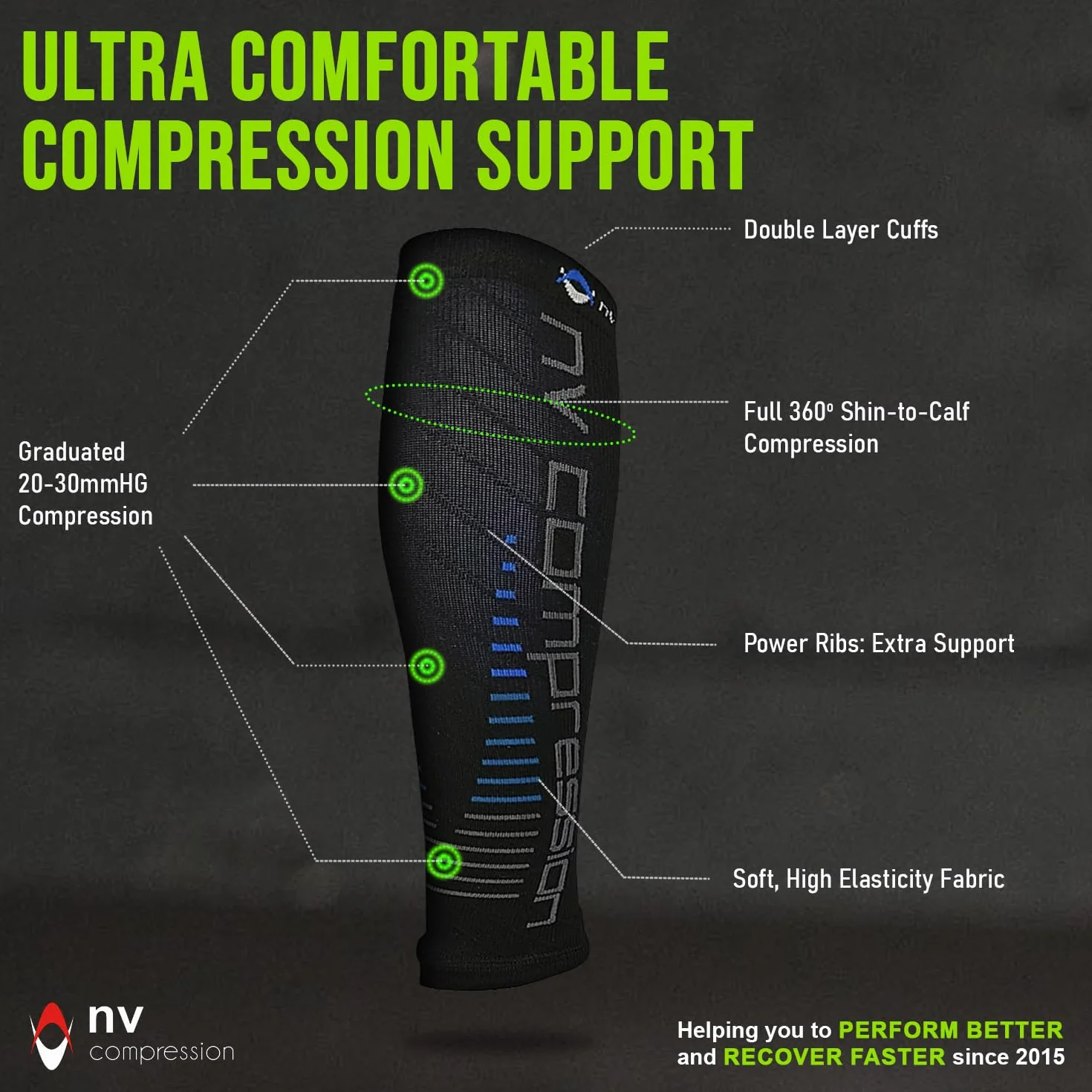 Race and Recover Calentadores de pantorrilla de compresión Negros - Compression Calf Sleeves - BK