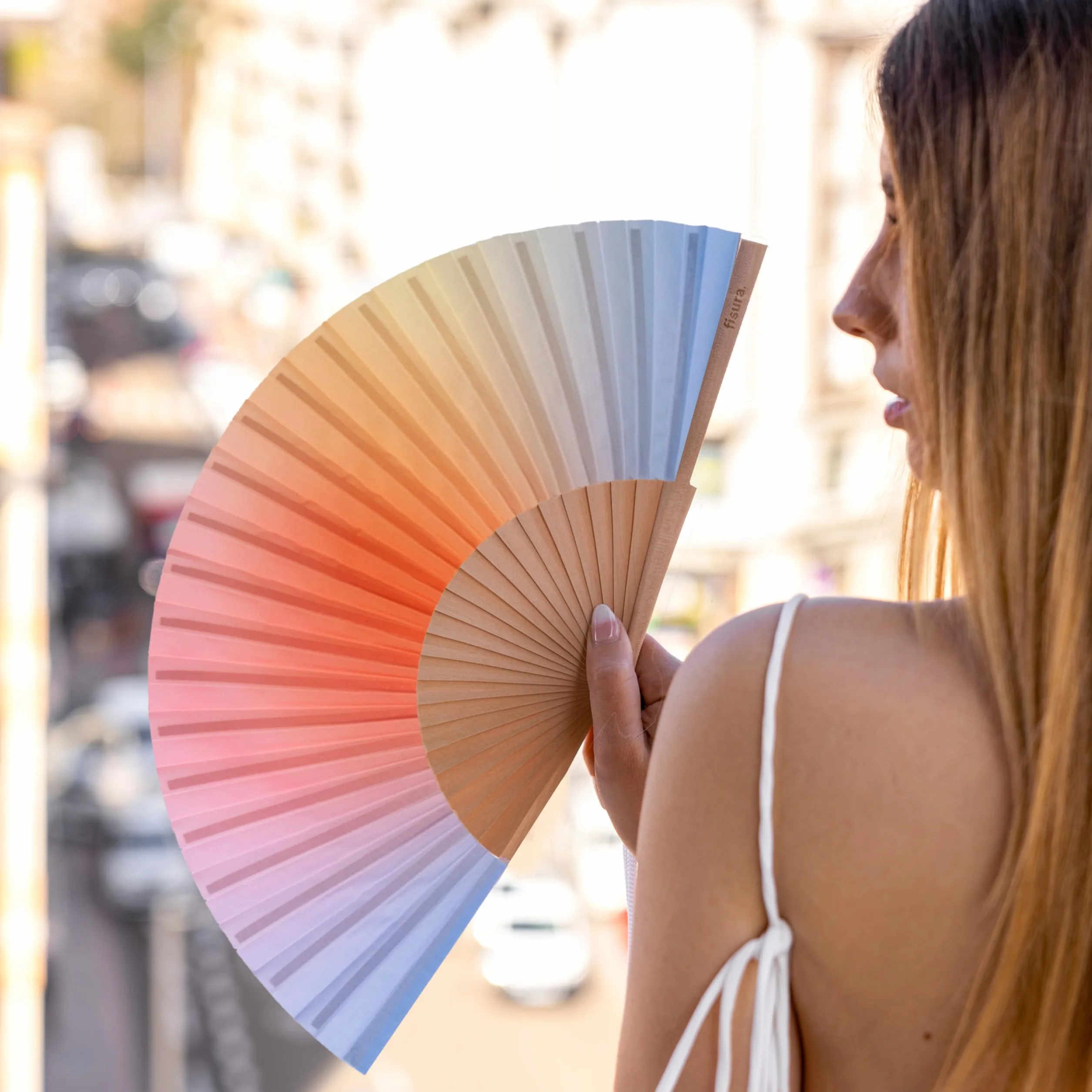Fisura Abanico original estampado ondas rayas madera moderno colorido ventilador mano rosa verde colgador incluido