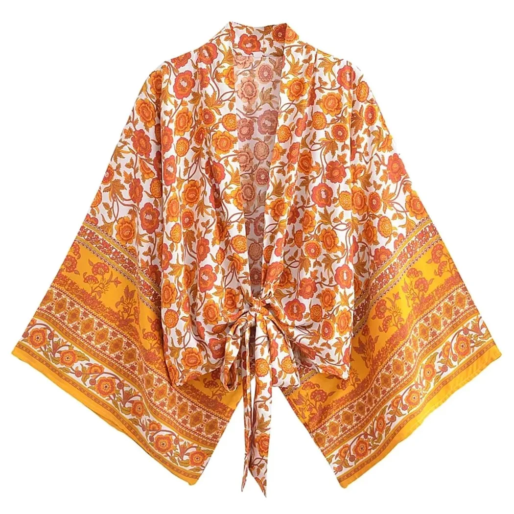 Kimono corto con estampado floral para mujer, cuello en V, mangas murciélago, bata bohemia para cubrir el bikini