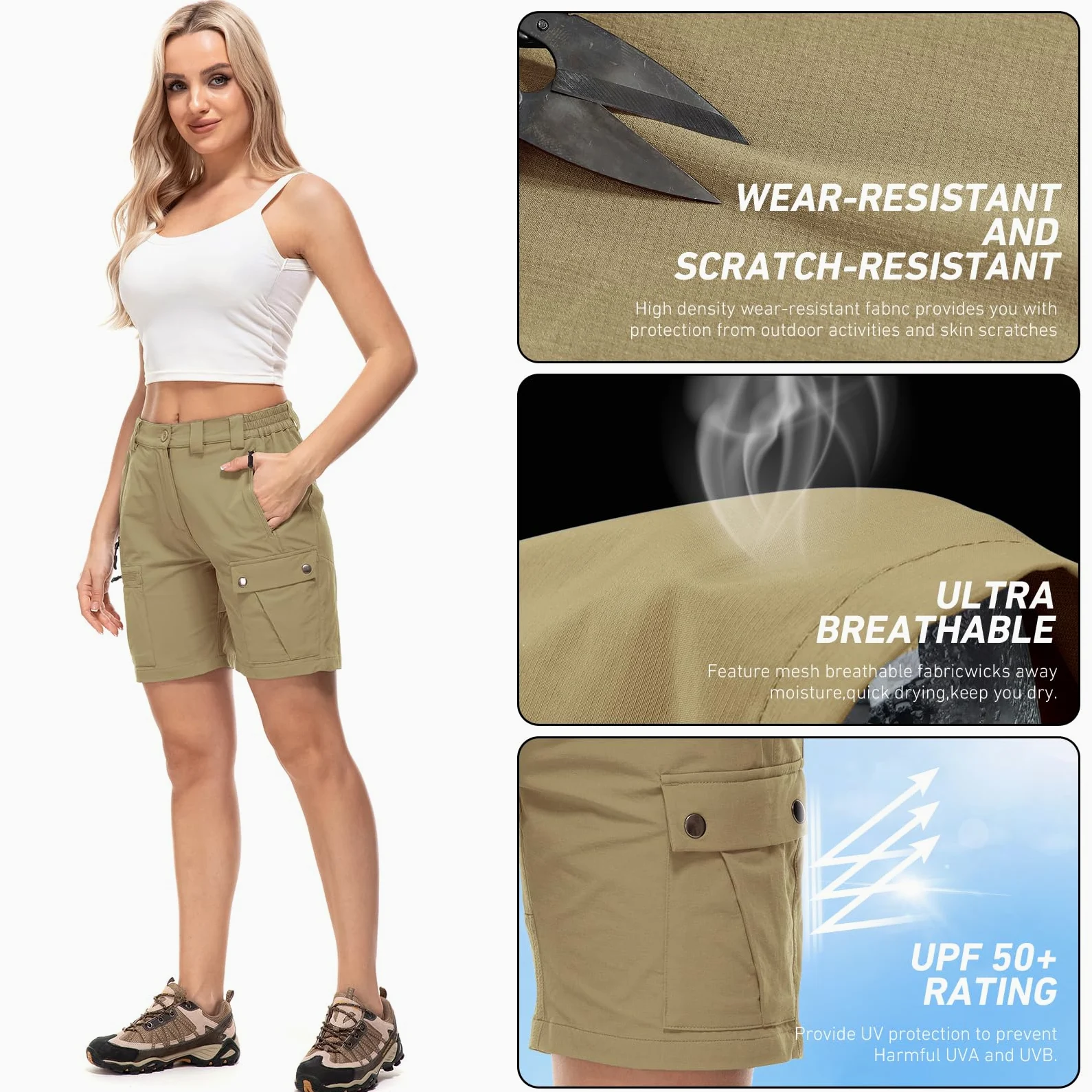 Pantalones Cortos Mujer Cargo Verano Elásticos Secado Rápido Ligeros Pantalón de Senderismo con 4 Bolsillos