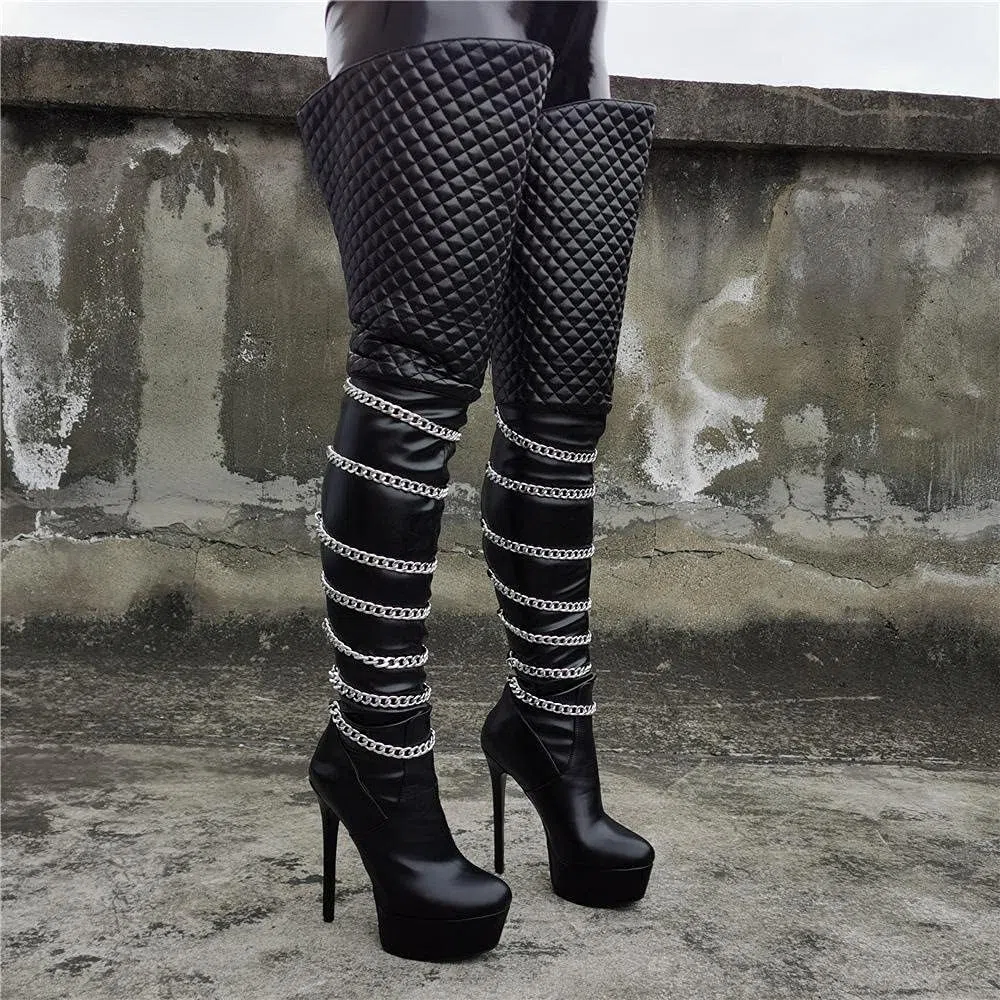 Botas De Tacón De Aguja para Mujer sobre La Rodilla, Botas De Plataforma Altas hasta El Muslo, Largas Y Anchas, Zapatos De Club De Combate Góticos para Mujer,Black-36