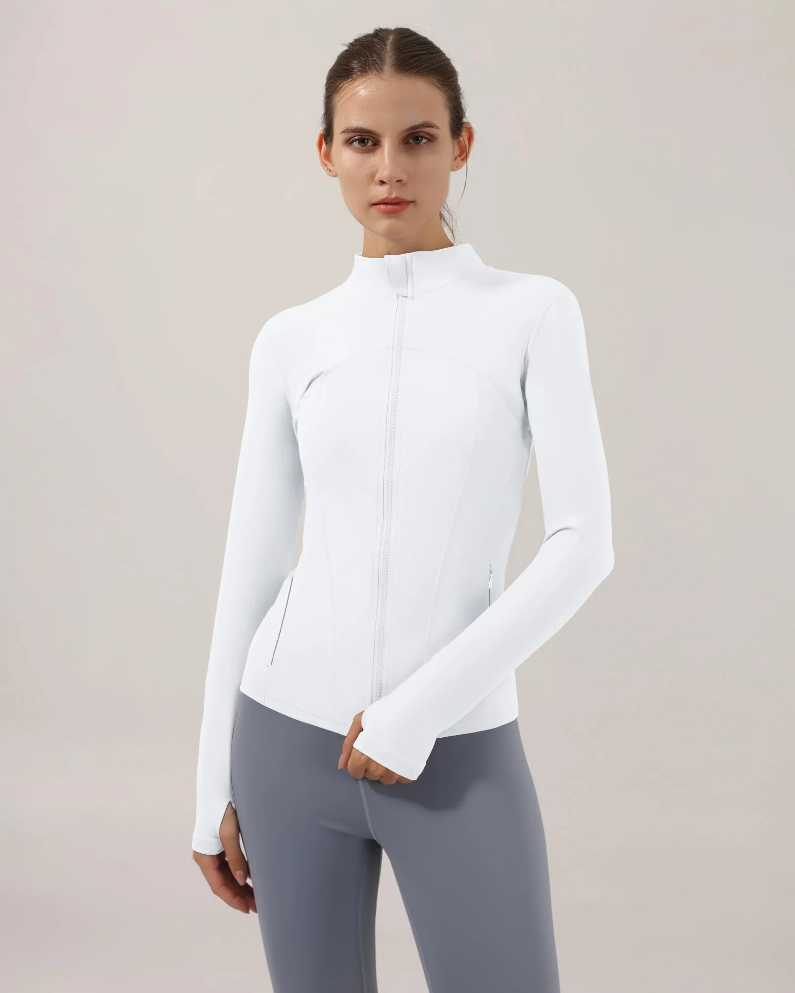 Locachy Chaqueta deportiva ajustada con cremallera completa para mujer, con bolsillos
