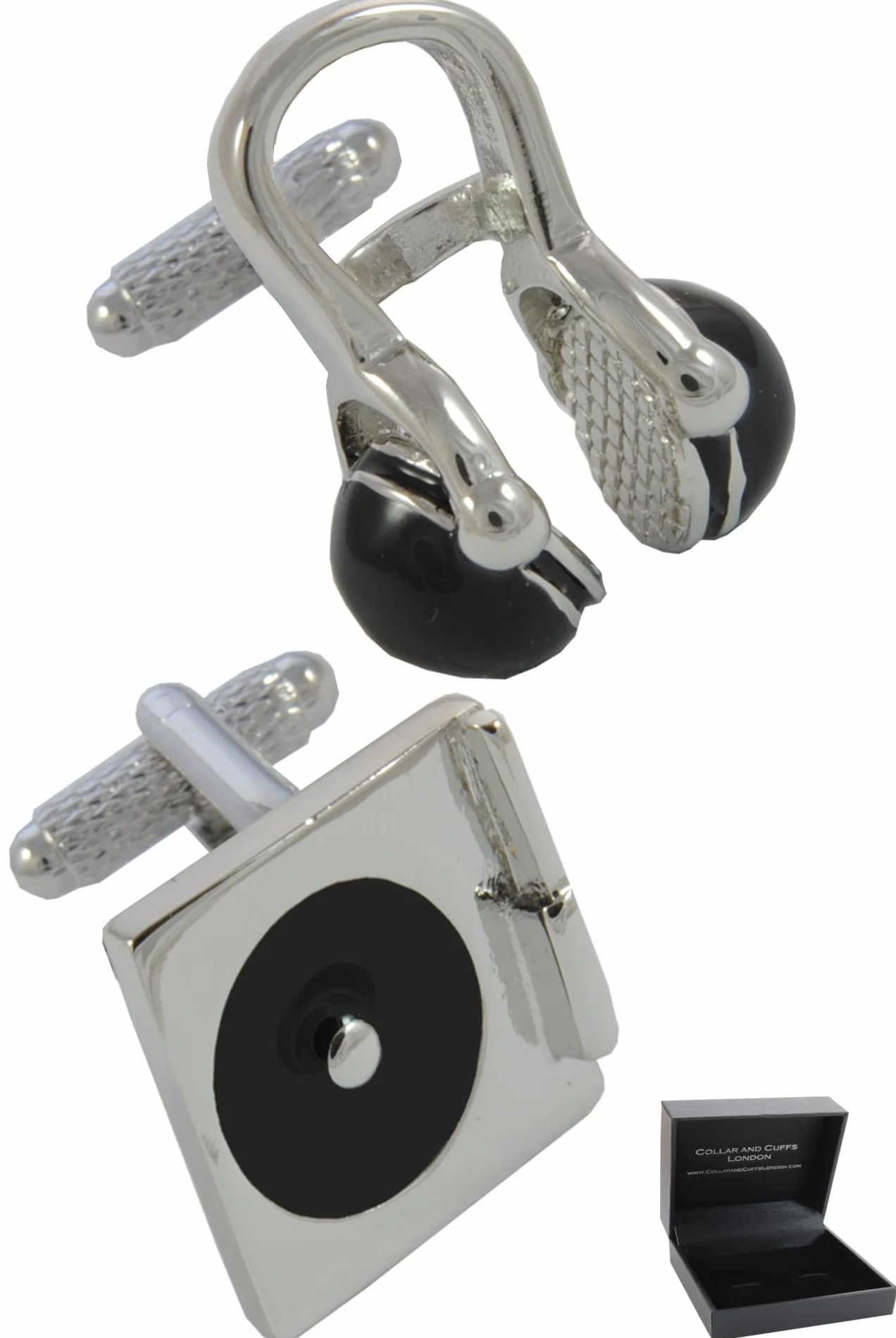 Gemelos Camisa Hombre Música con Caja Placa Giratoria DJ Auriculares Latón Plata Negro Un Par
