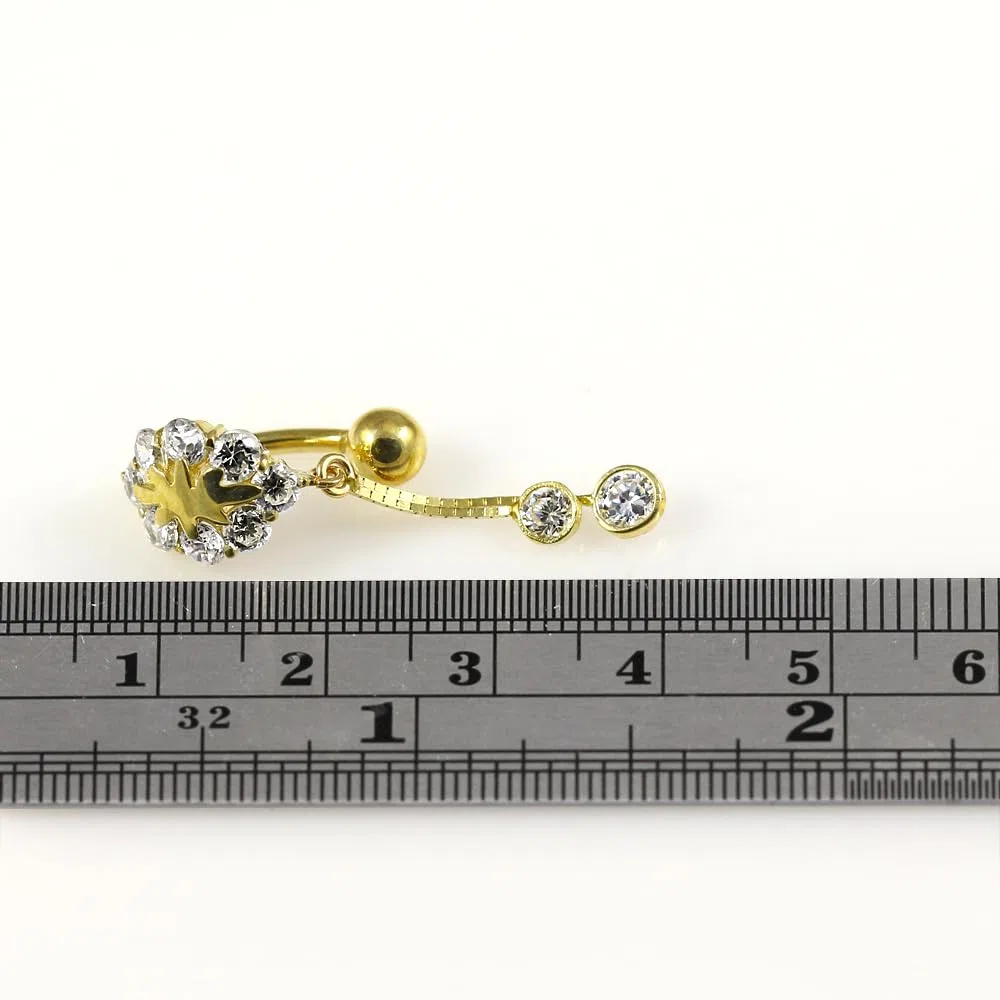 Piercing para ombligo de oro amarillo macizo de 14 quilates con circonita cúbica y cadena colgante, joyería para ombligo de 14 quilates, calibre 14, 14 Gauge - 12mm Length, Circonia