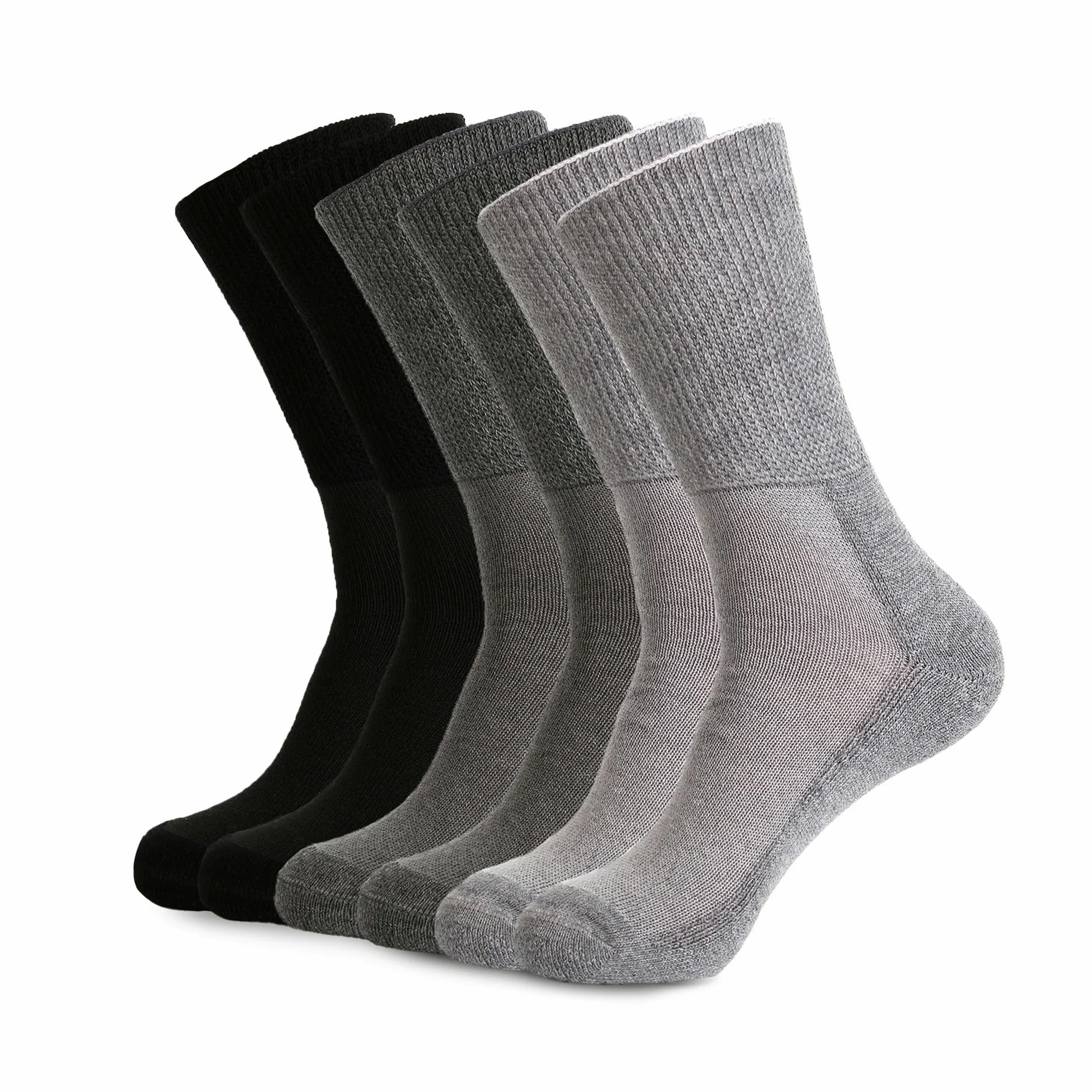 1SOCK2SOCK Paquete de 6 calcetines unisex de bambú de algodón orgánico para diabéticos, terapéuticos, sin ataduras, acolchados, gris, Large