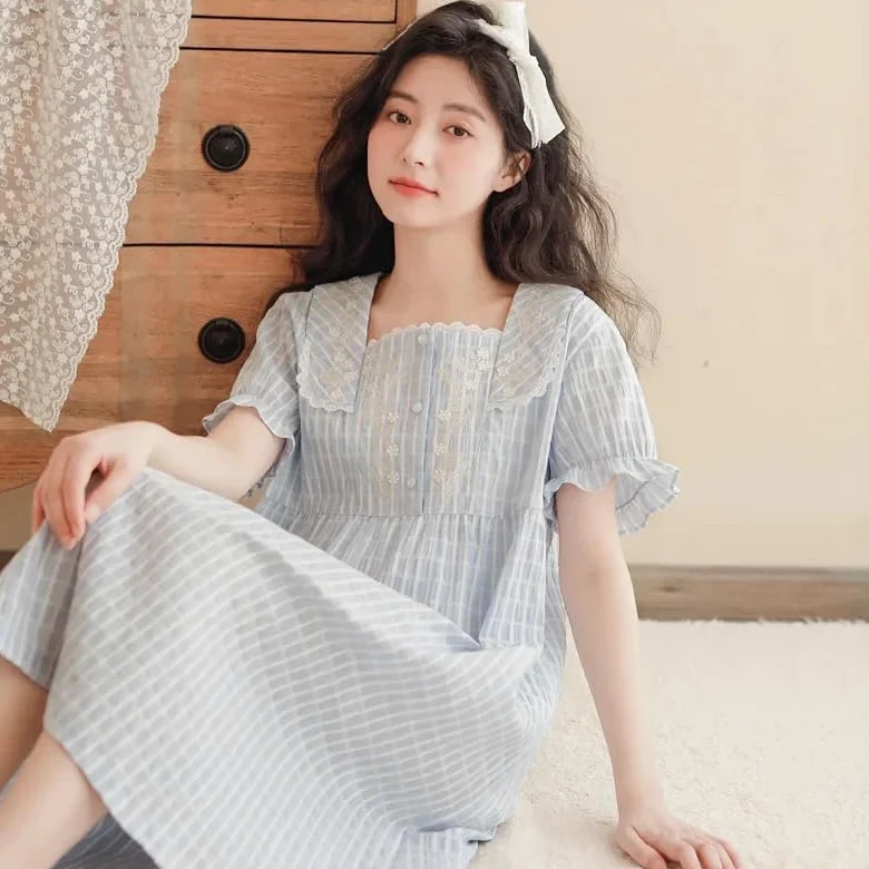 OFFSUM Camisón De Pijama De Mujer - Ropa De Dormir A Cuadros De Algodón Dulce De Verano Bata De Baño De Lencería con Temperamento De Talla Grande con Bordado De Encaje Y Cuello Cuadrado A La Moda