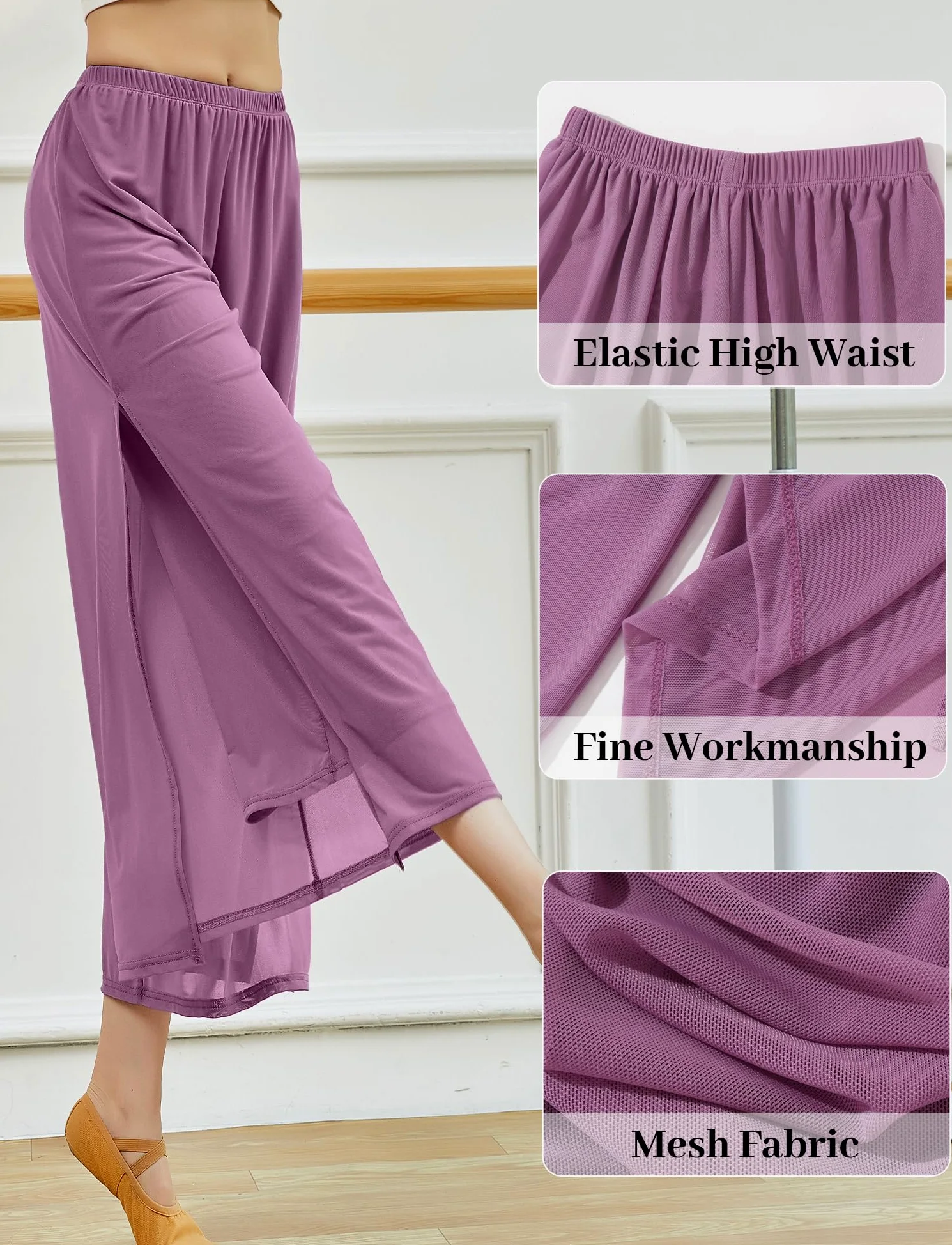 SEAUR Pantalones palazzo fluidos para mujer con abertura lateral, cintura elástica para baile lírico, disfraz clásico contemporáneo