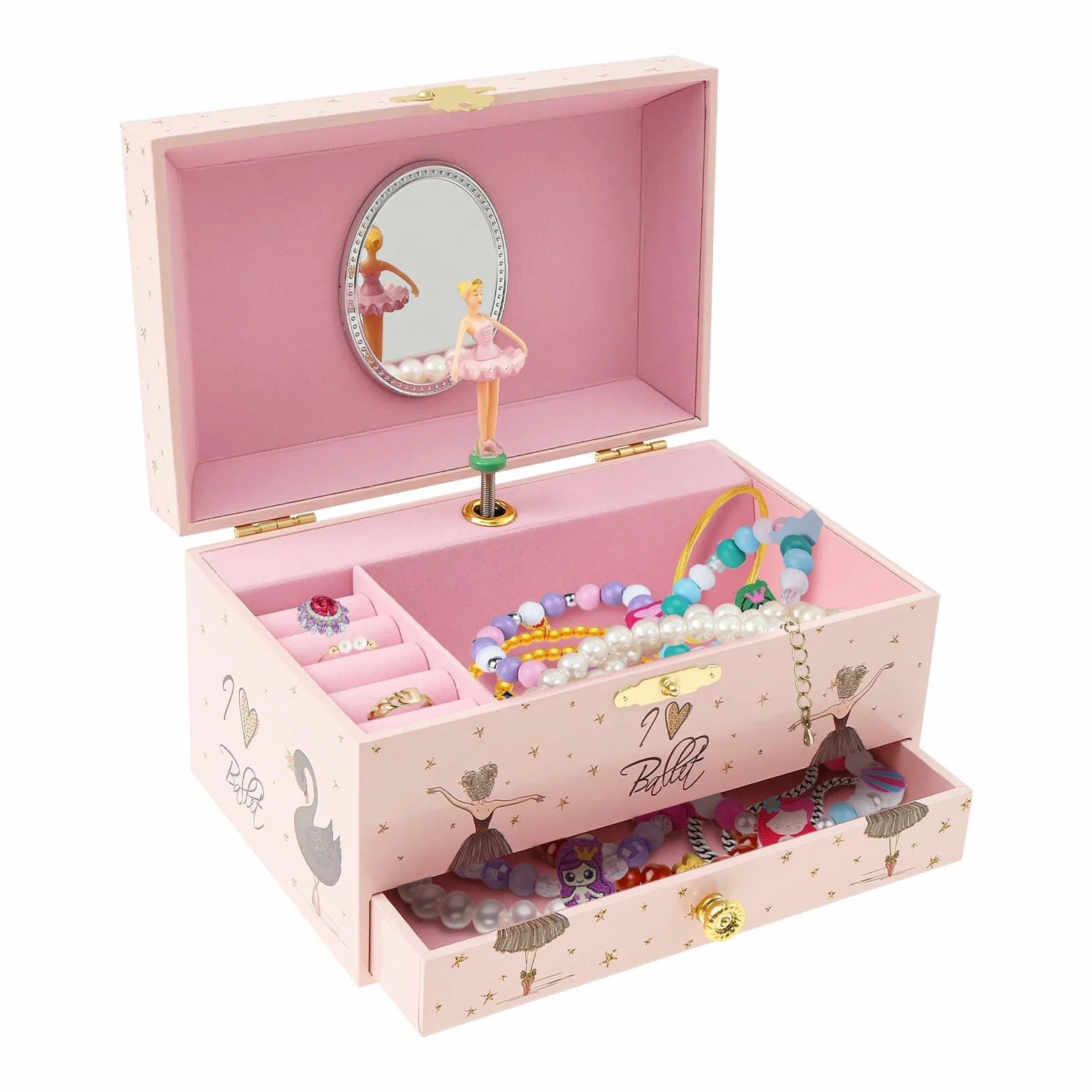 Joyero niña Joyero musical para niños, caja de música con unicornio giratorio, para niñas y niños, con espejo, regalo de cumpleaños (niña de ballet rosa y negro)