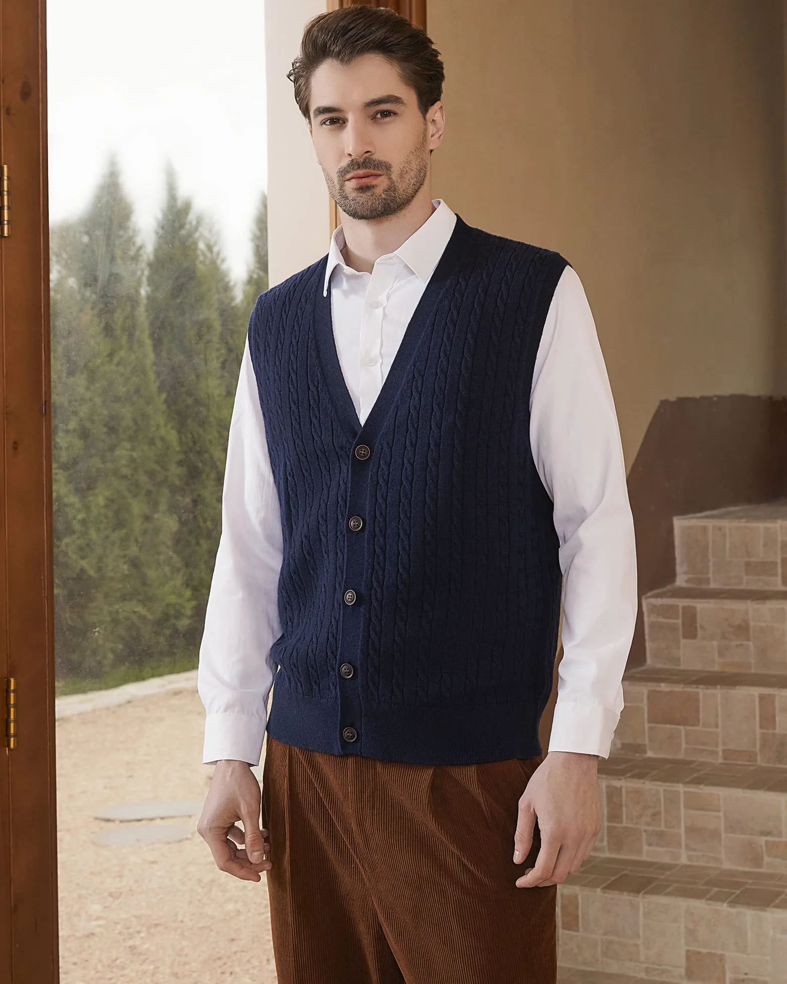 Kallspin Hombres de Lana Blend Chalecos Suéter V Cuello de Punto de Cable sin Mangas de Tejido Tricotado Botón Cardigan