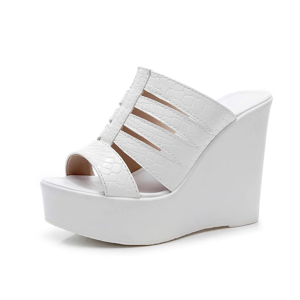 Sandalias con Cuña Mujer Plataforma Mules Metálico Calado Wedges Punta Abierta Tacón Alto Slip-on Zapatos de Fiesta Oro Negro 12cm