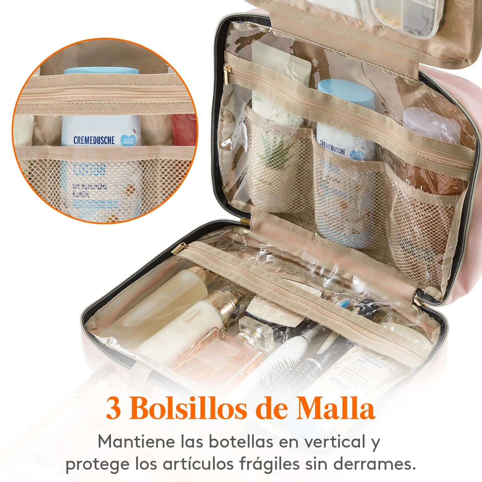 Lifewit Neceser Mujer Viaje, Bolsa de Maquillaje Organizador para Colgar, Grande Bolsas de Aseo con 4 Compartimentos Transparentes, Makeup Bag con Gancho, Grande, Rosa