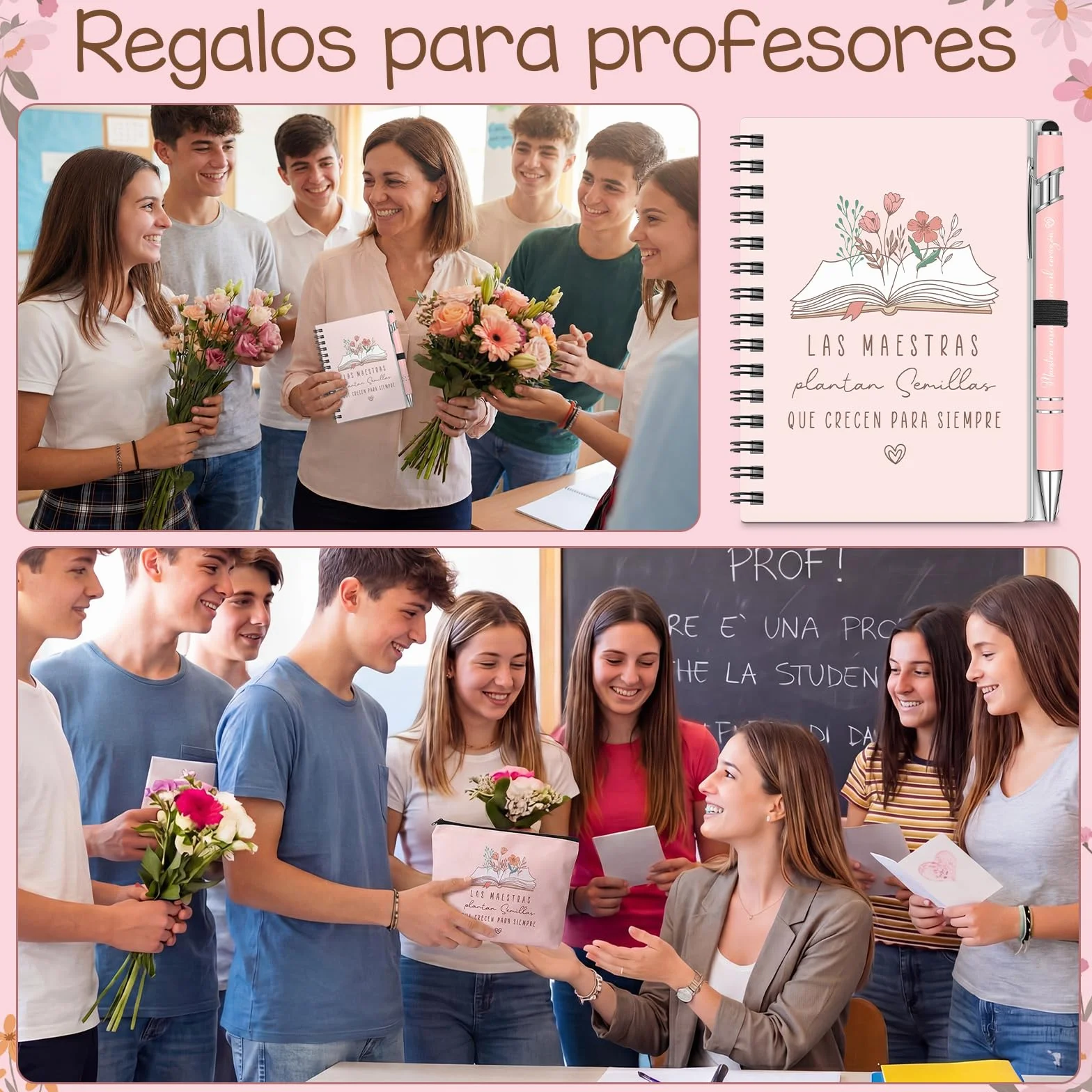 BBTO Set Regalo para Maestra Fin de Curso Gracias Mujer Neceser para Profesora Infantil Cuaderno Espiral con Bolígrafo Estético Regalo de Despedida para Profe Guardería Graduación Primaria
