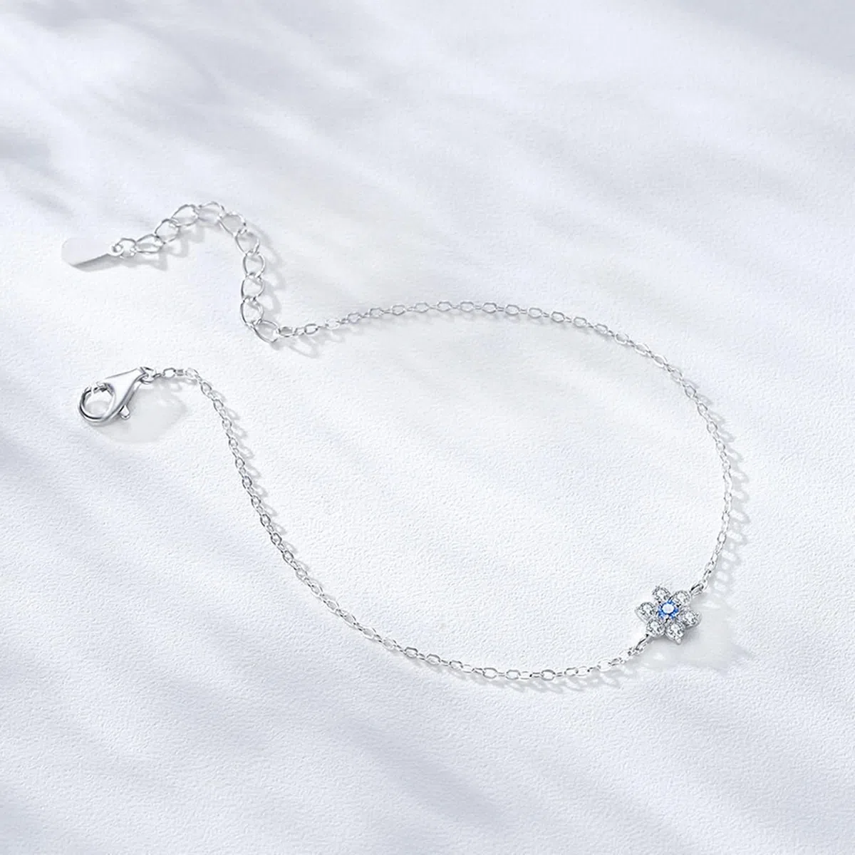 Pulseras Oro Blanco Mujer 9Kilates / 14Kilates / 18Kilates, Flor con Aguamarina y Diamante Creado, Cadena Extensible 16 CM + 5 CM, Pulsera de Mujer Ajustable Plata Azul Claro