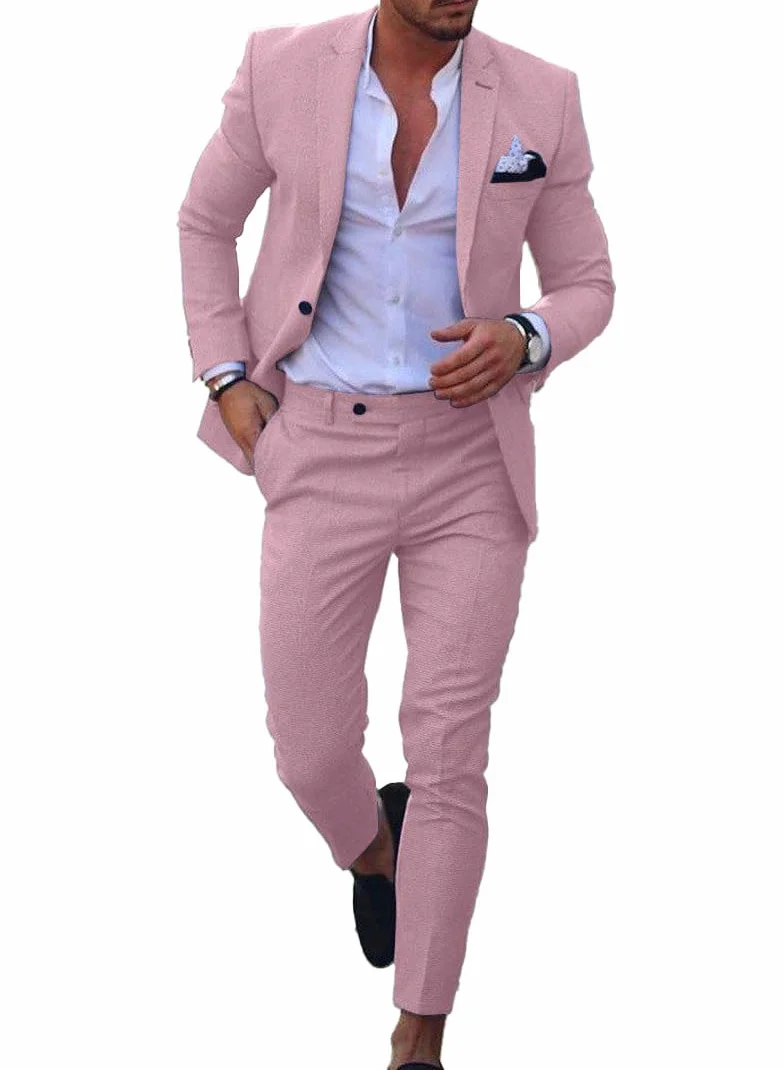 Conjunto de traje de lino para hombre, esmoquin casual, 2 piezas, blazer de ajuste regular, chaqueta y pantalones sólidos con un botón, para graduación, boda, fiesta